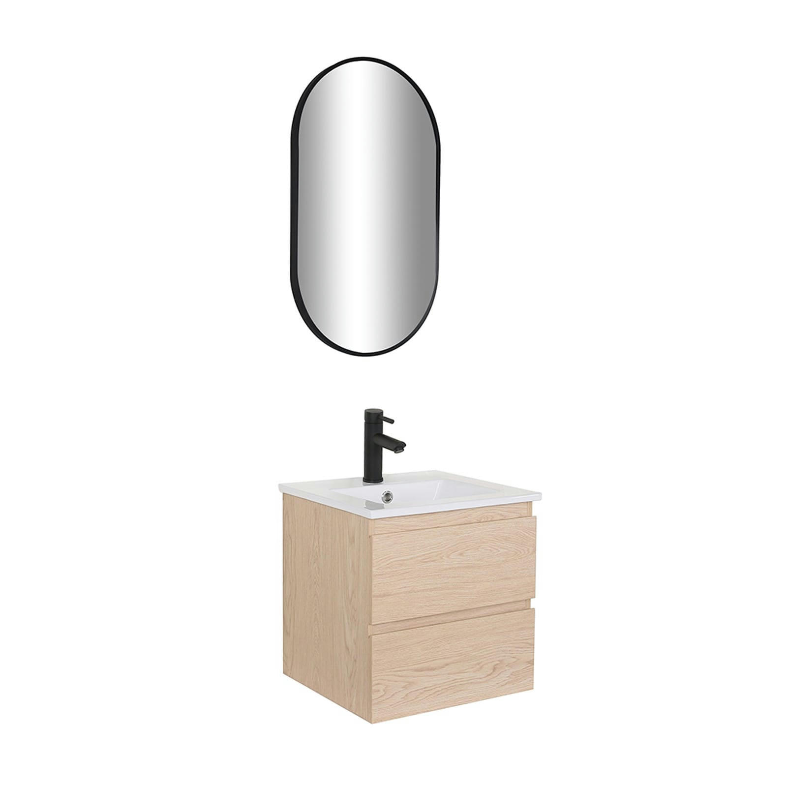 SORRENTO - Meuble simple vasque 45cm décor chêne  + vasque + robinet noir +miroir