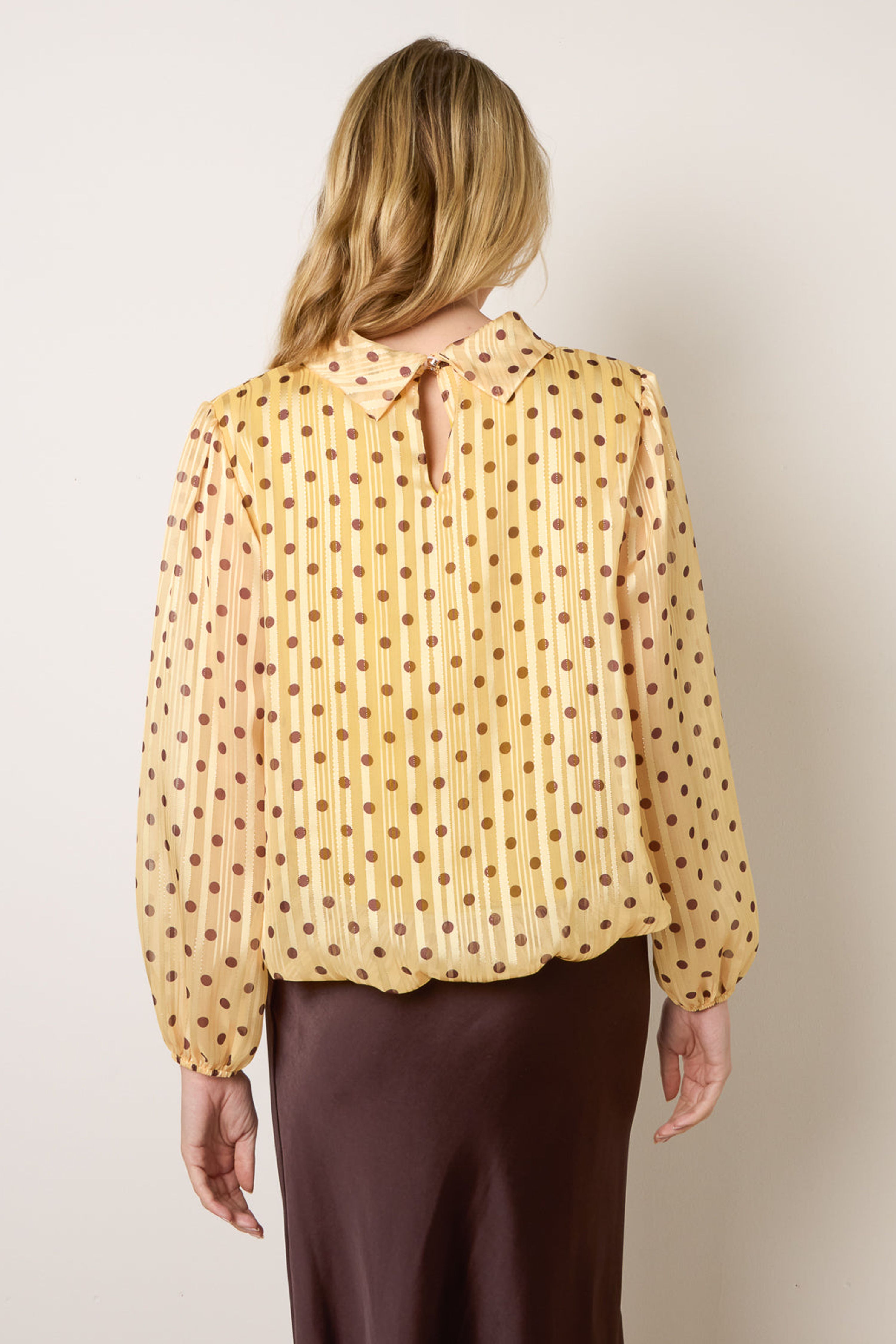 Blue Vanilla Yellow Polka Dot Cowl Neck Puffball Blouse