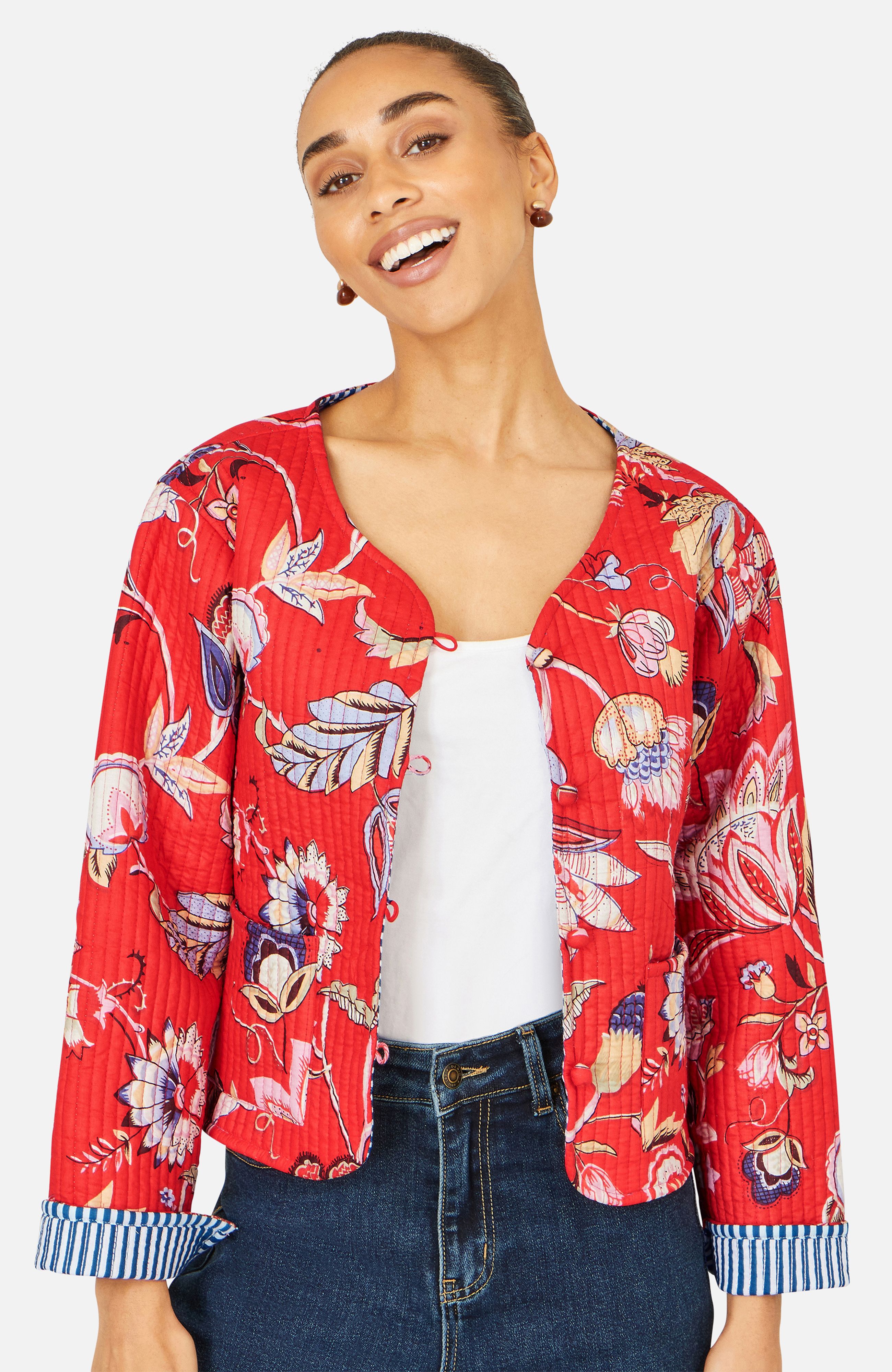 Yumi Red Boho Print Cotton Reversible Quilted Jacket