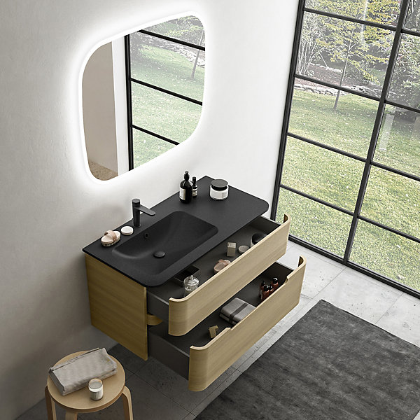 Ensemble salle de bains L. 104 cm meuble sous vasque décor chêne clair   plan vasque à gauche noir mat Alba