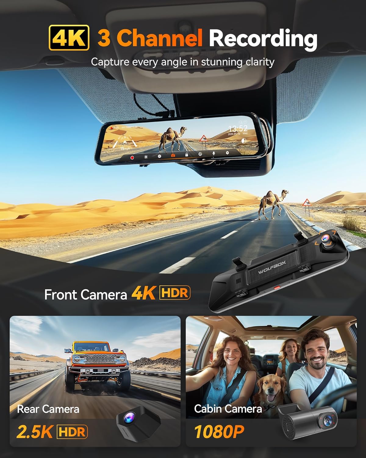 WOLFBOX G900 Tripro Cabin Version 3 Channel 4K Rear View Mirror Camera 8MP STARVIS IMX678 Night Vision 4K+1080P+2.5K Front Inside and Rear Mirror Dash Cam 5.8GHz WiFi Voice Control Includes 256GB Card