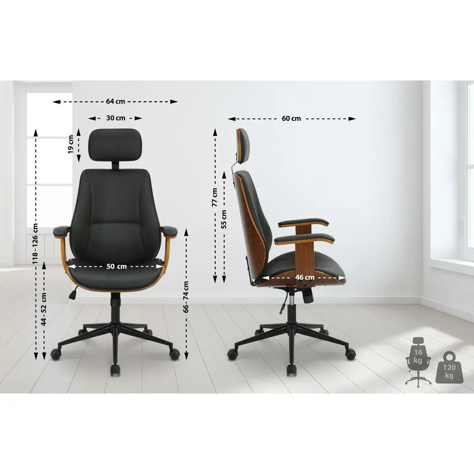 CLP Bureaustoel Lugo zwart Frame - Kunstleer - walnoot/zwart