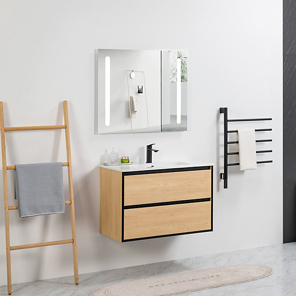 Pack Meuble prémonté 80 bois detail noir-Vasque céramique-Robinet noir - bain-bain