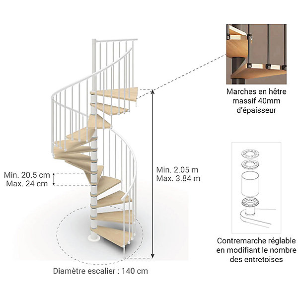 Escalier colimaçon 13 marches - Haut. à franchir 2.67 à 3.12m - Diam. 140cm - Struct. blanche et marche naturel - Trémie ronde -