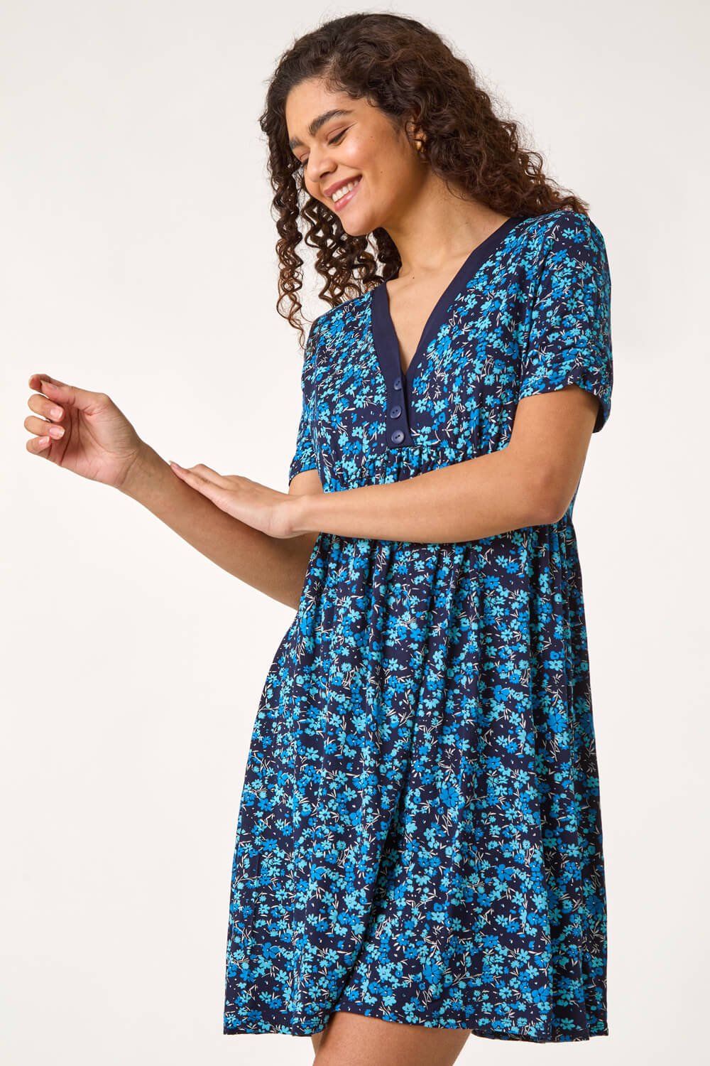 Roman Floral Print Contrast Band Dress