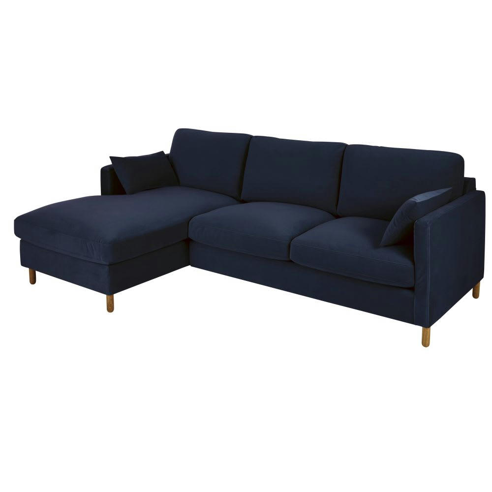Julian - Canapé d'angle gauche 5 places en velours bleu nuit