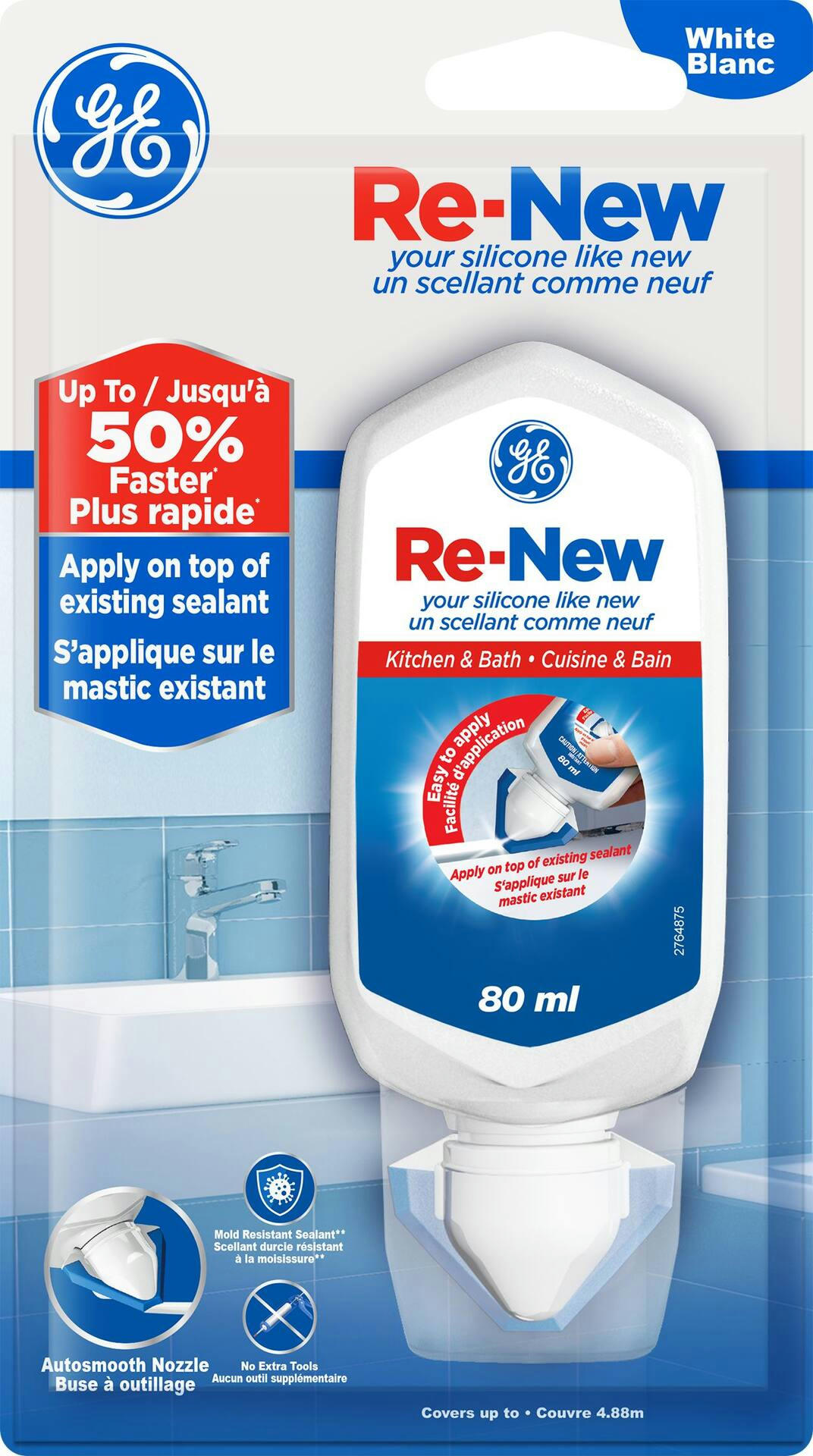 GE ReNew Kitchen & Bath Silicone Sealant with Auto-Smoothing Applicator, White, 80-mL