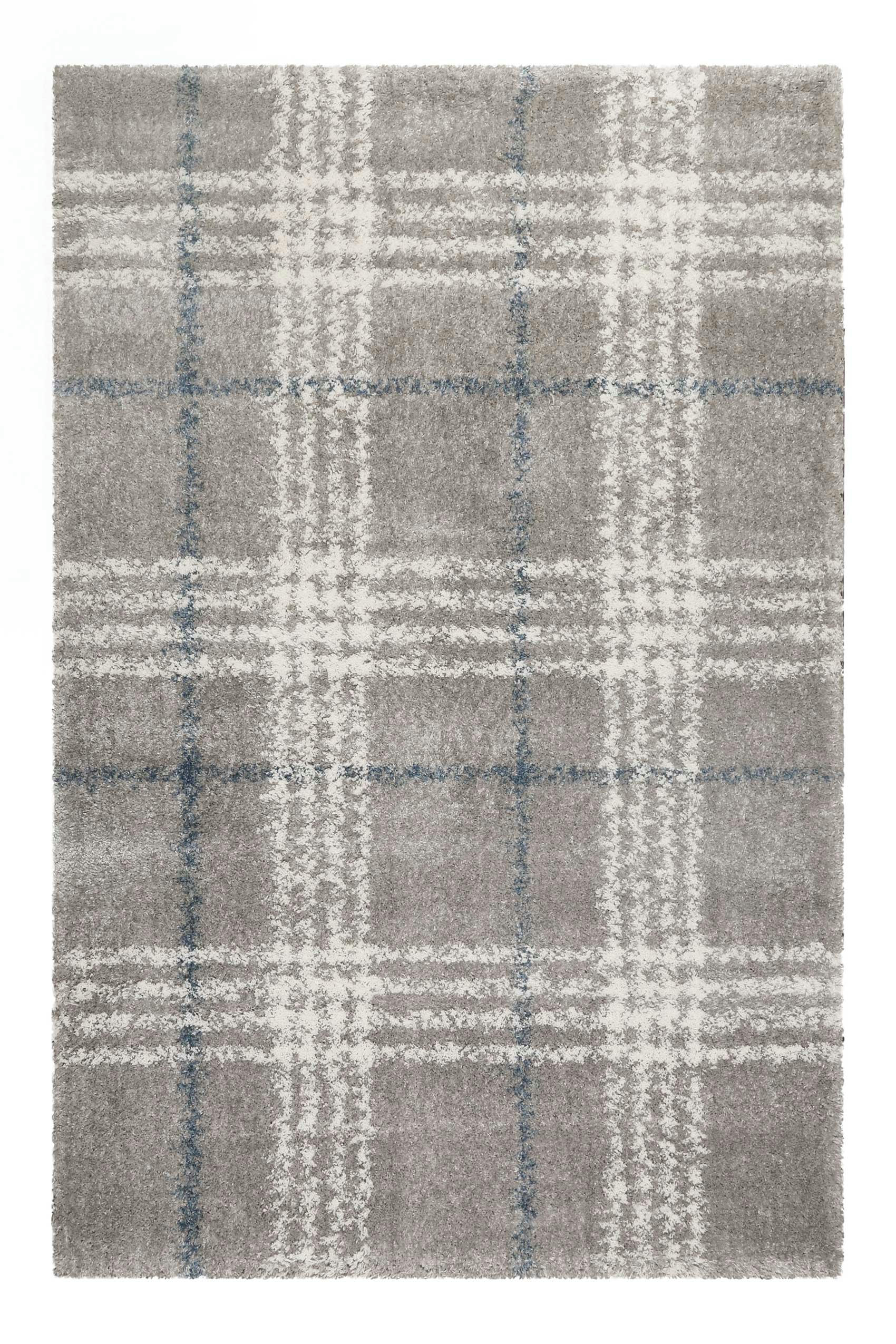NORA - Tapis à poils longs tartan gris, ivoire et bleu 120x170