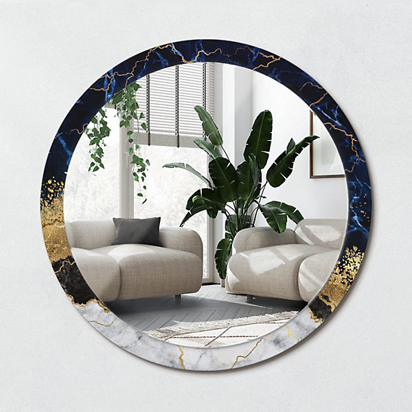 Miroir Rond Cadre Imprimé Design Wallfluent fi100 cm Marbre Bleu Tendance Boho Minimaliste Sans Joint