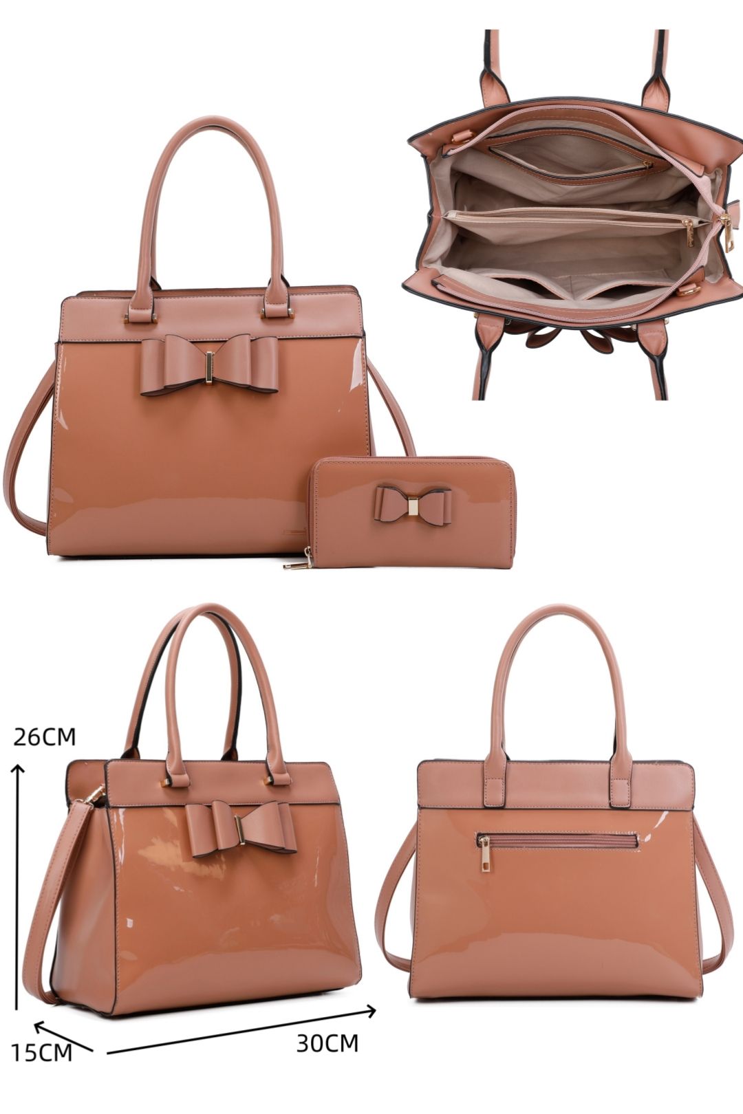 Fontanella Fashion Elegante 2in1 PU Patent Leather Handbag & Purse with Bow