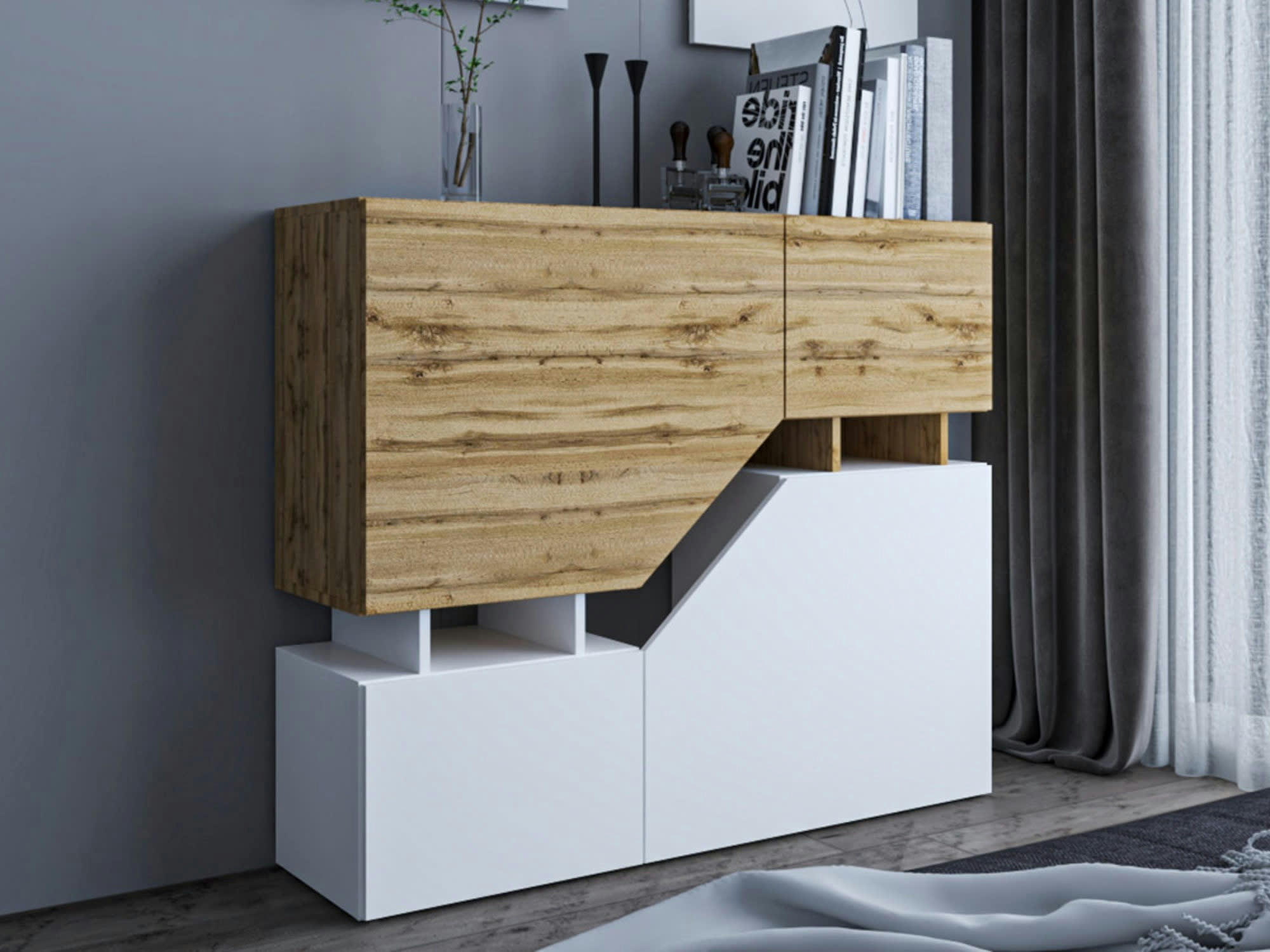 PITT - Buffet haut industriel 120 cm bois / blanc