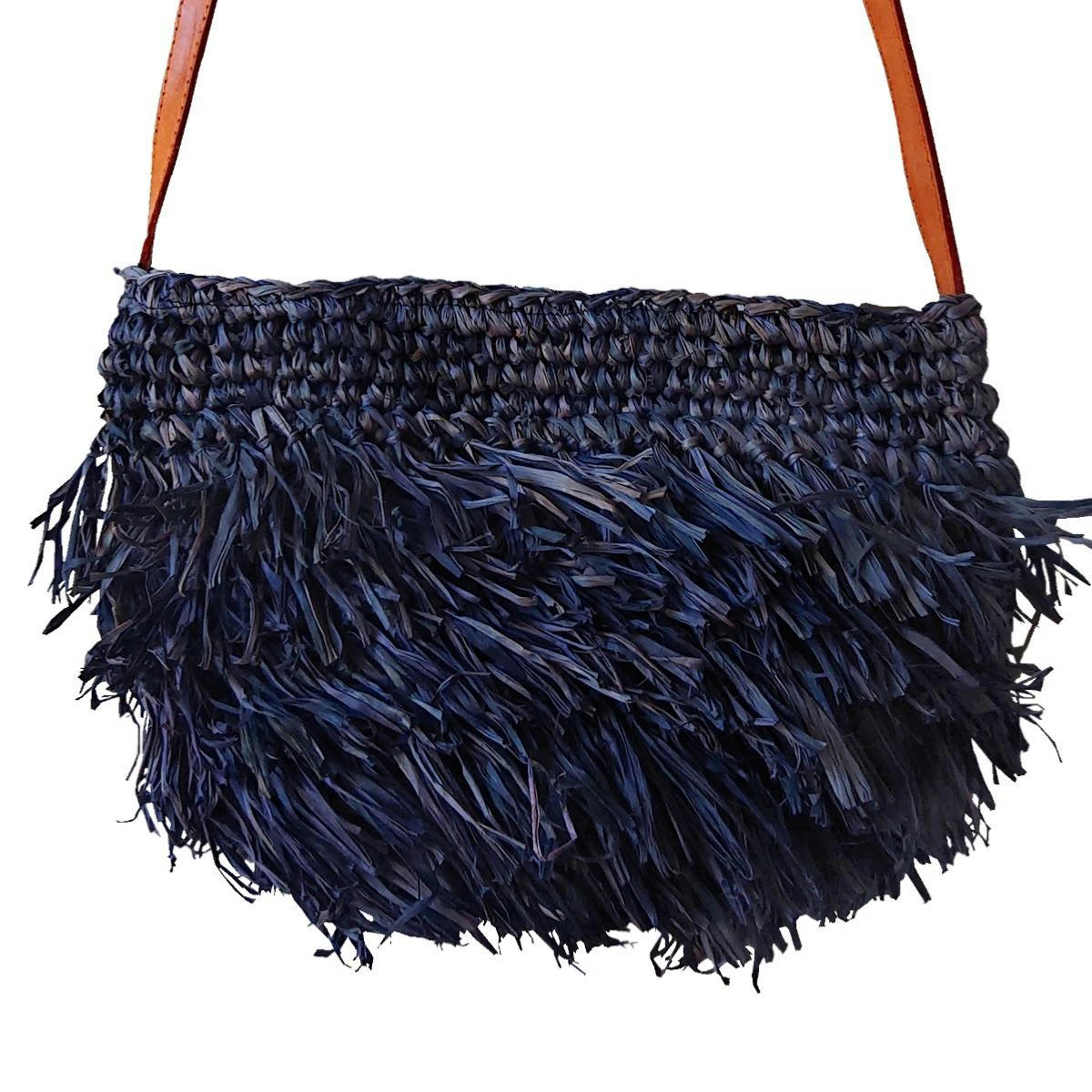 BONA - Sac bandoulière en raphia, bleu foncé