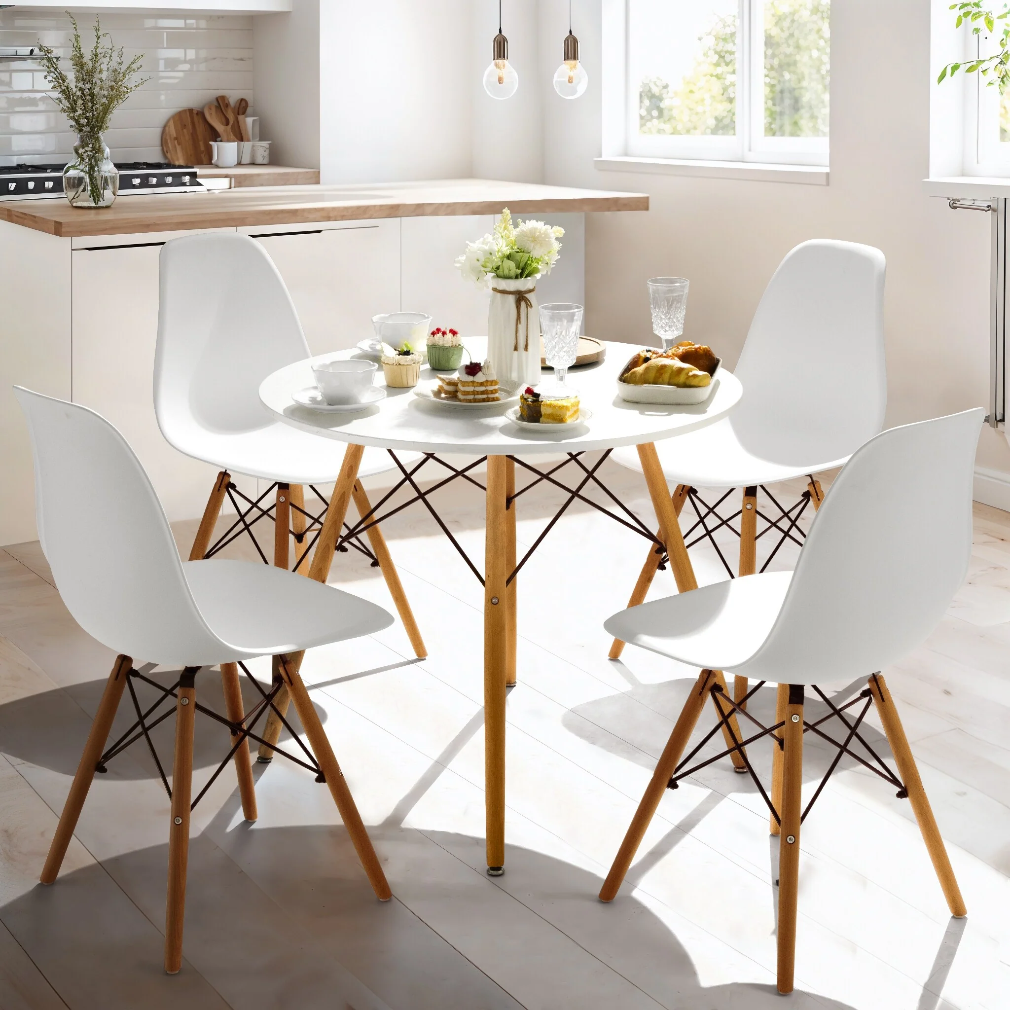 Furniwell 5-Piece Mid-Century Modern Dining Set, Wood Legs