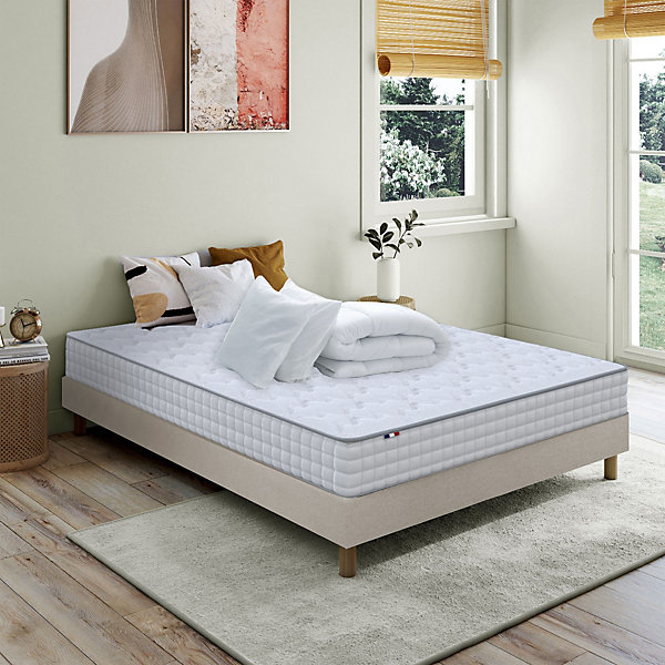 Pack matelas ressorts ASTRE   sommier kit beige   couette et oreillers 140x190