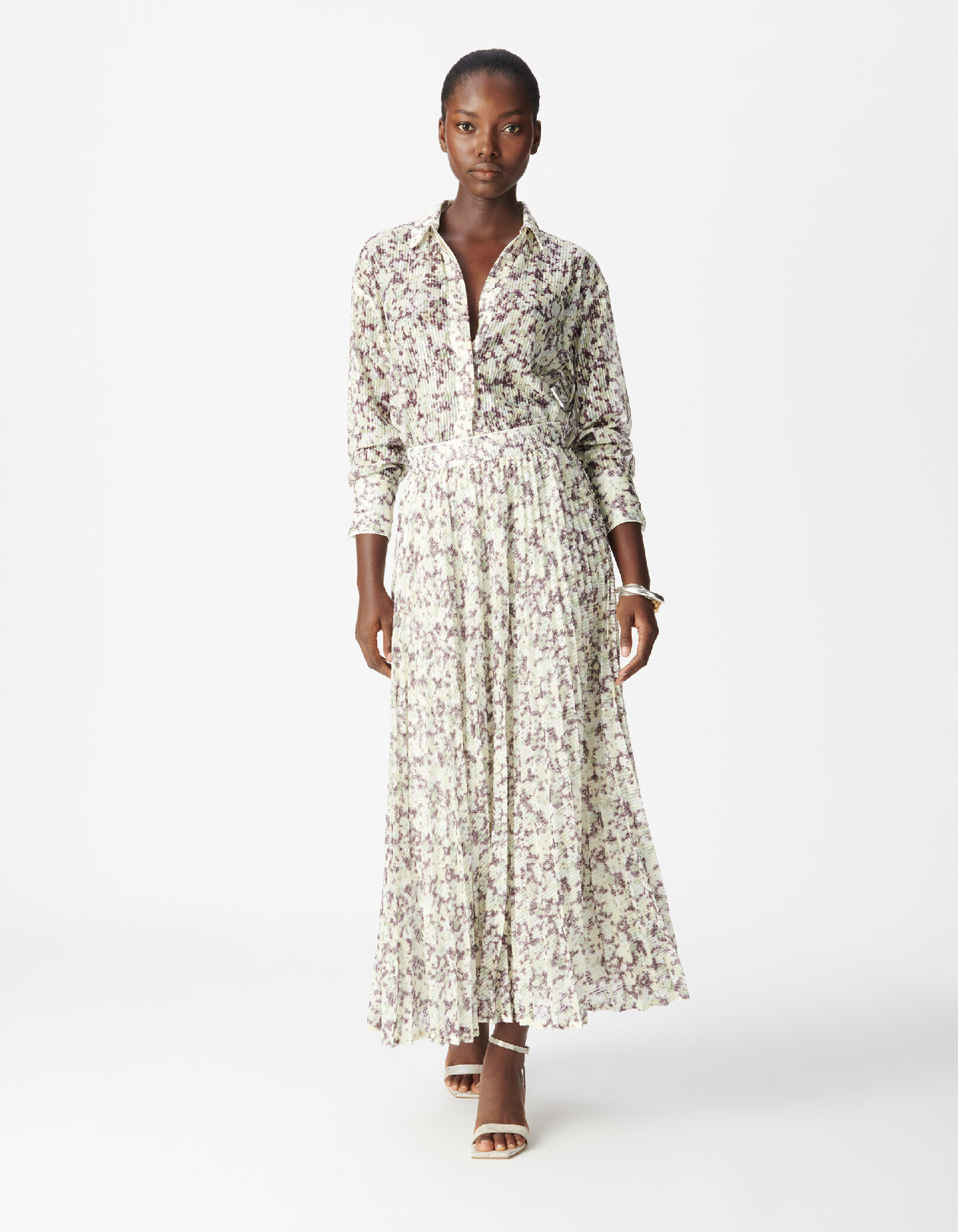 Jupe plissée verte camouflage broderies sequins Femme