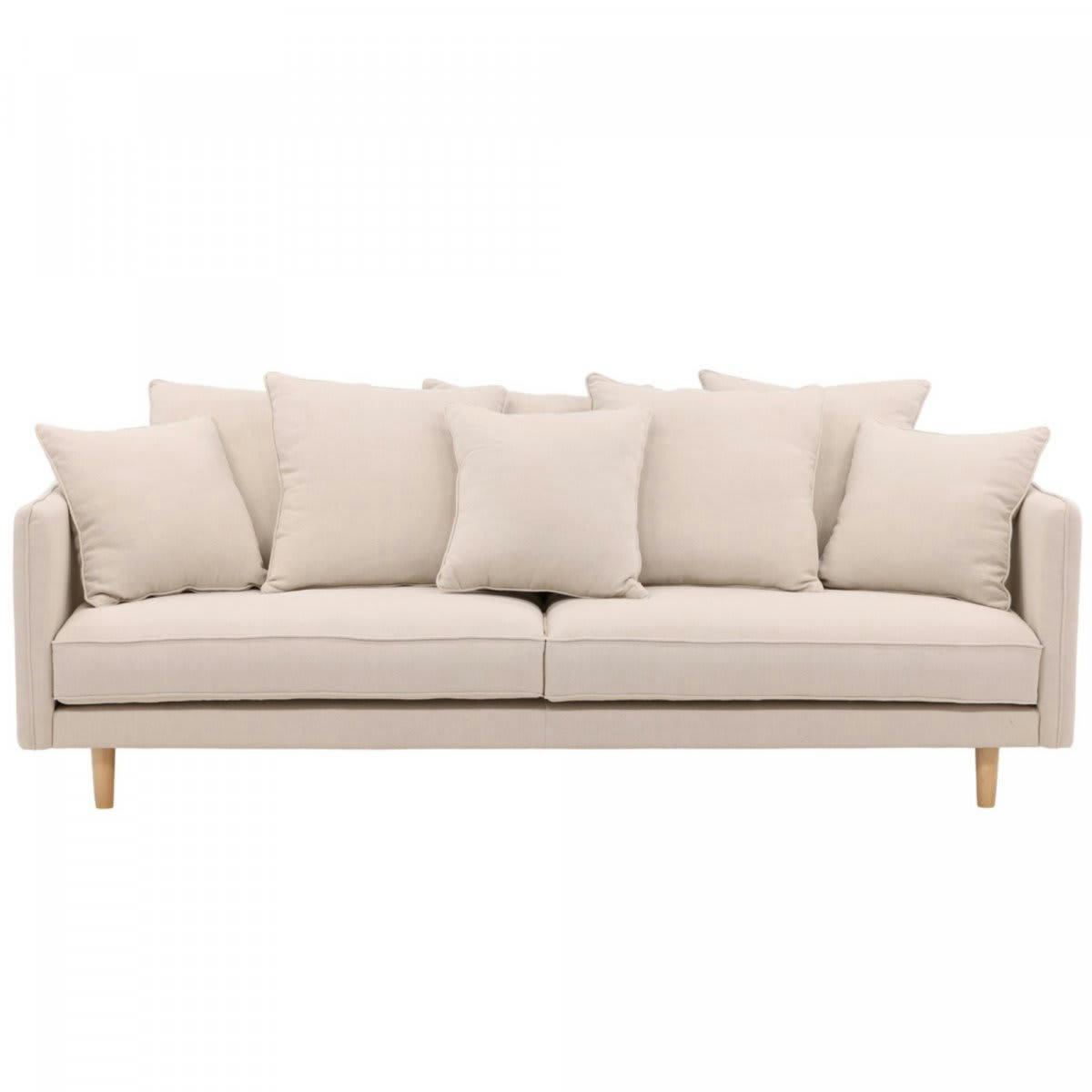 YANN - Canapé droit 3 places en tissu beige avec coussins