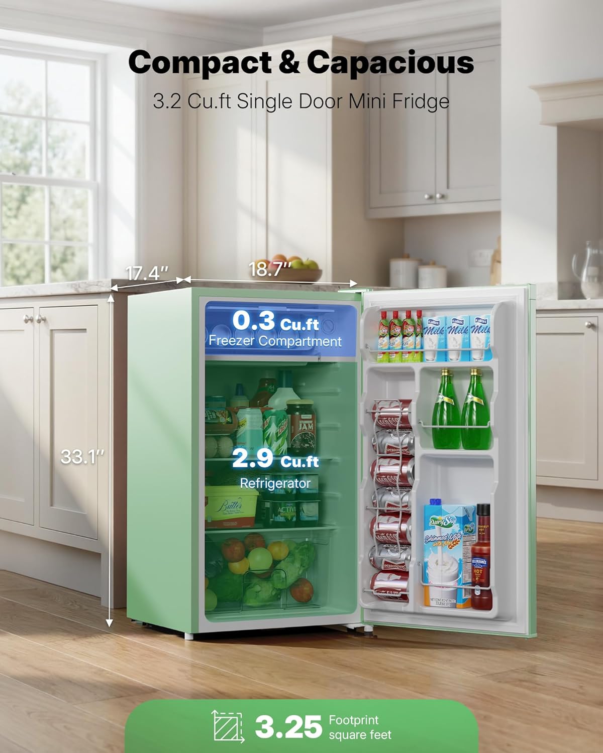Upstreman 3.2 Cu.Ft Mini Fridge with Freezer, Single Door Mini Fridge, Dorm Fridge, Adjustable Thermostat, Mini Refrigerator for Bedroom, Office, Dorm, Green-BR321