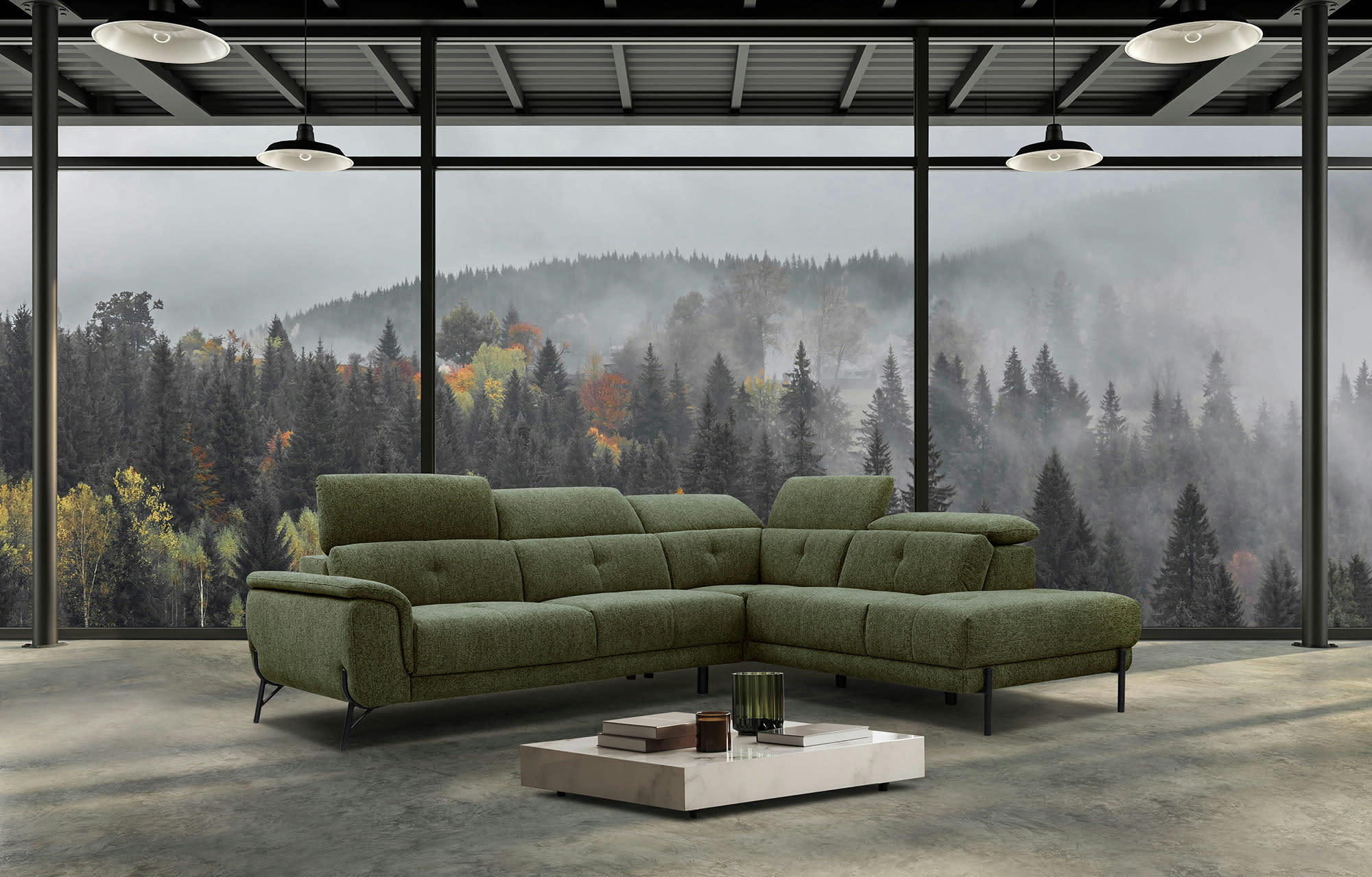 AVENA - Canapé d'angle droit  5 places en tissu vert