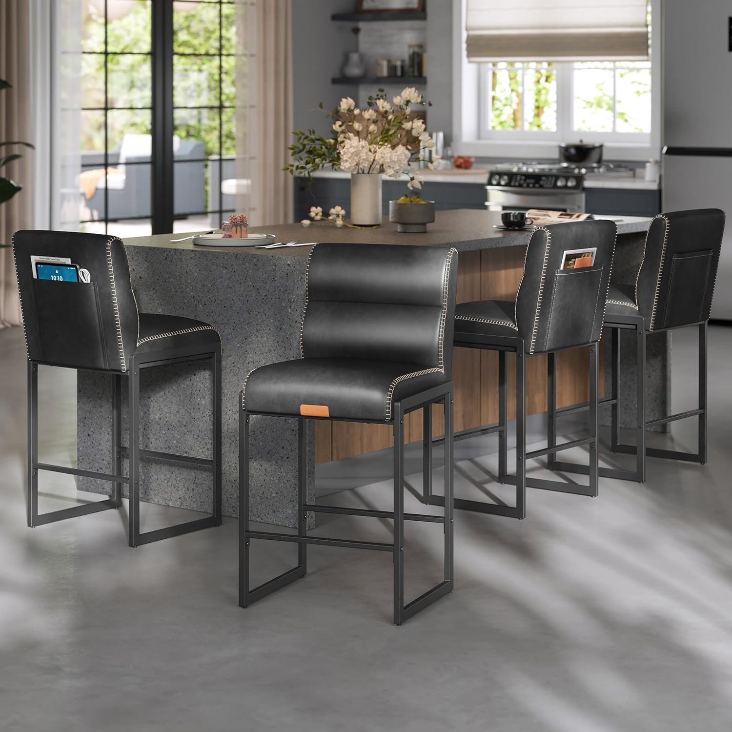VASAGLE EKHO Collection - Bar Stools Set of 4, Counter Height Stools with Backs, 26.4-Inch Barstools Chairs, Synthetic Leather with Stitching, Mid-Century Modern, Dining Kitchen Island, Ink Black