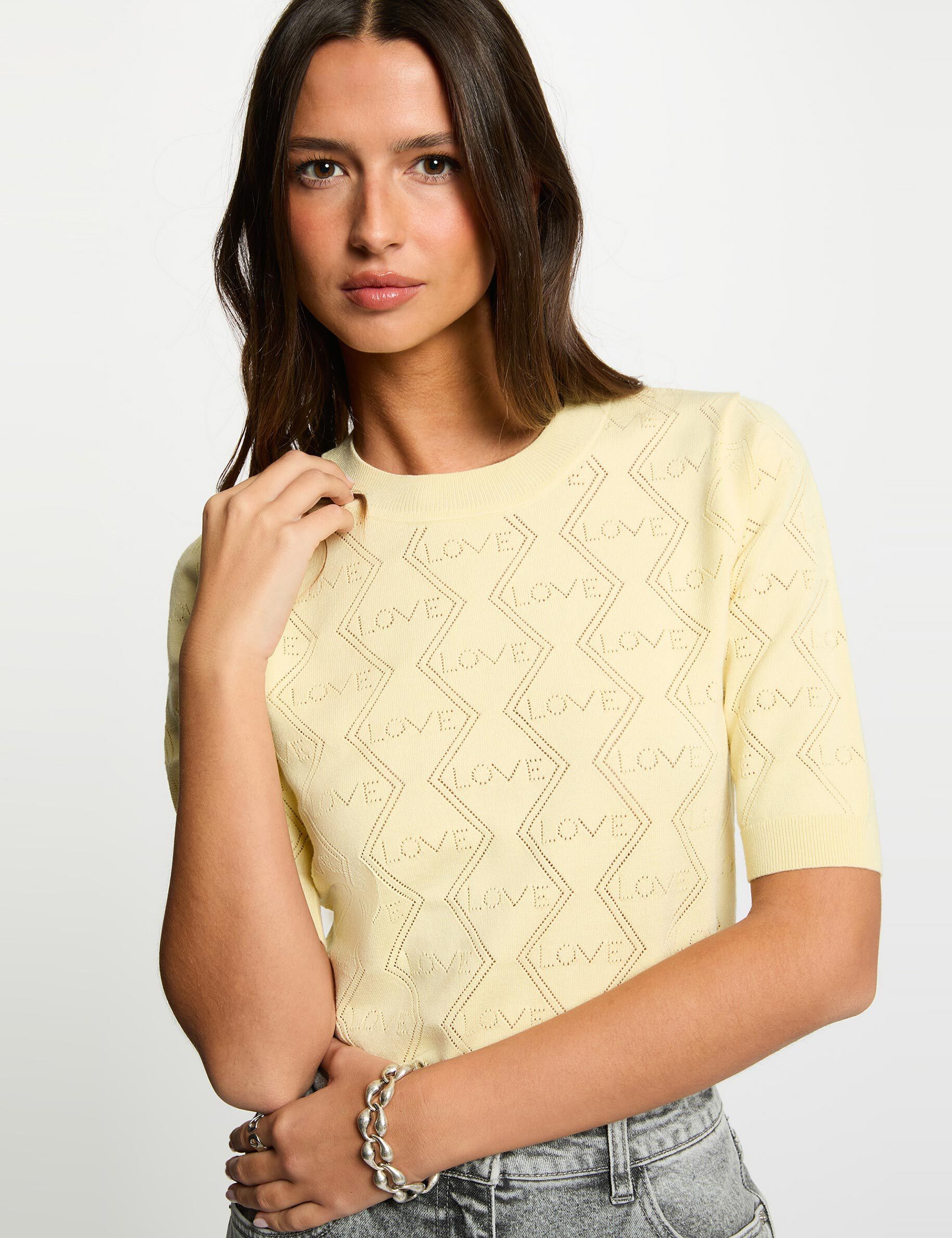 3/4 Sleeve Openwork Sweater Pastel Yellow Women