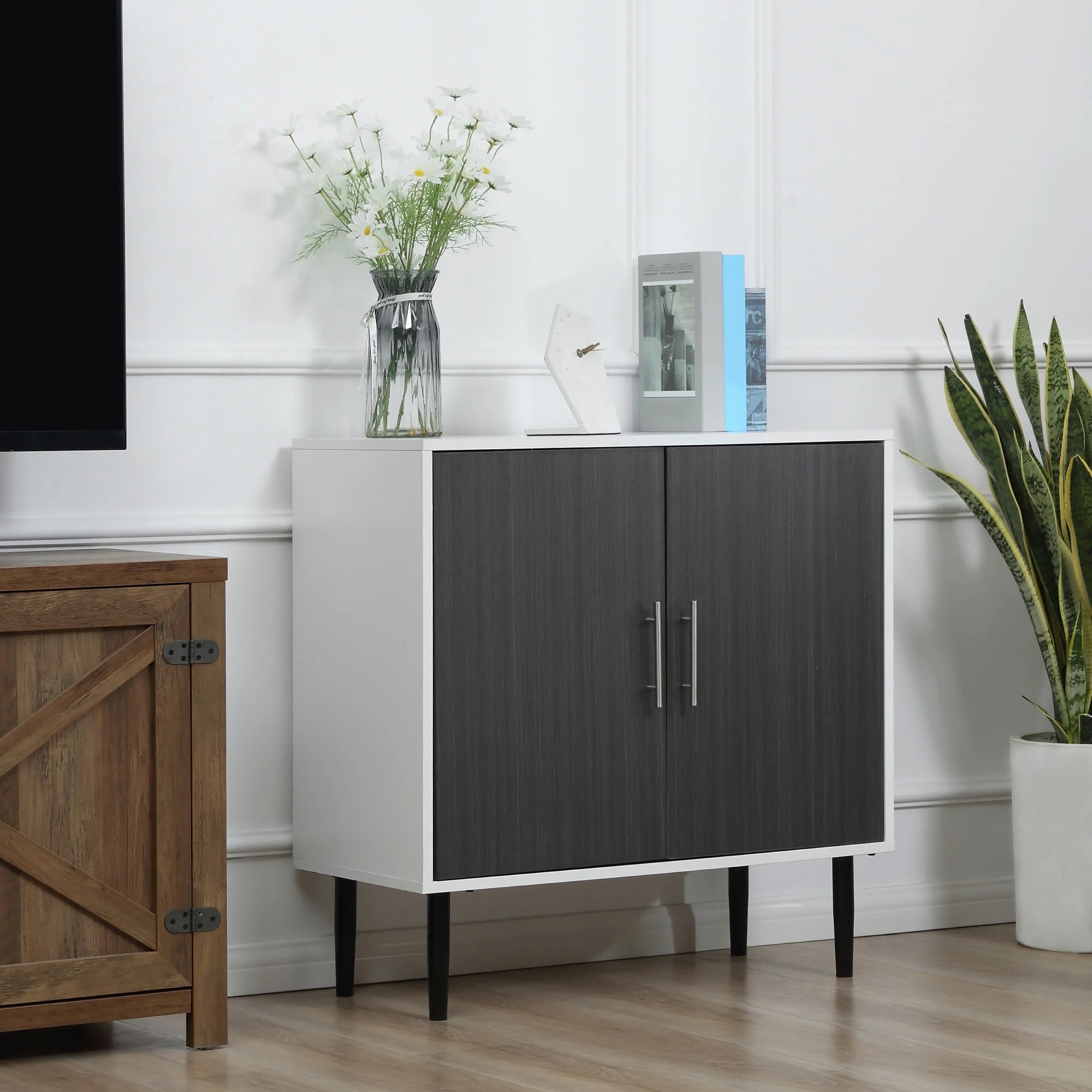 HOMCOM 2-Door Storage Cabinet with Adjustable Shelf, Free Standing Accent Sideboard and Buffet, Grey / White