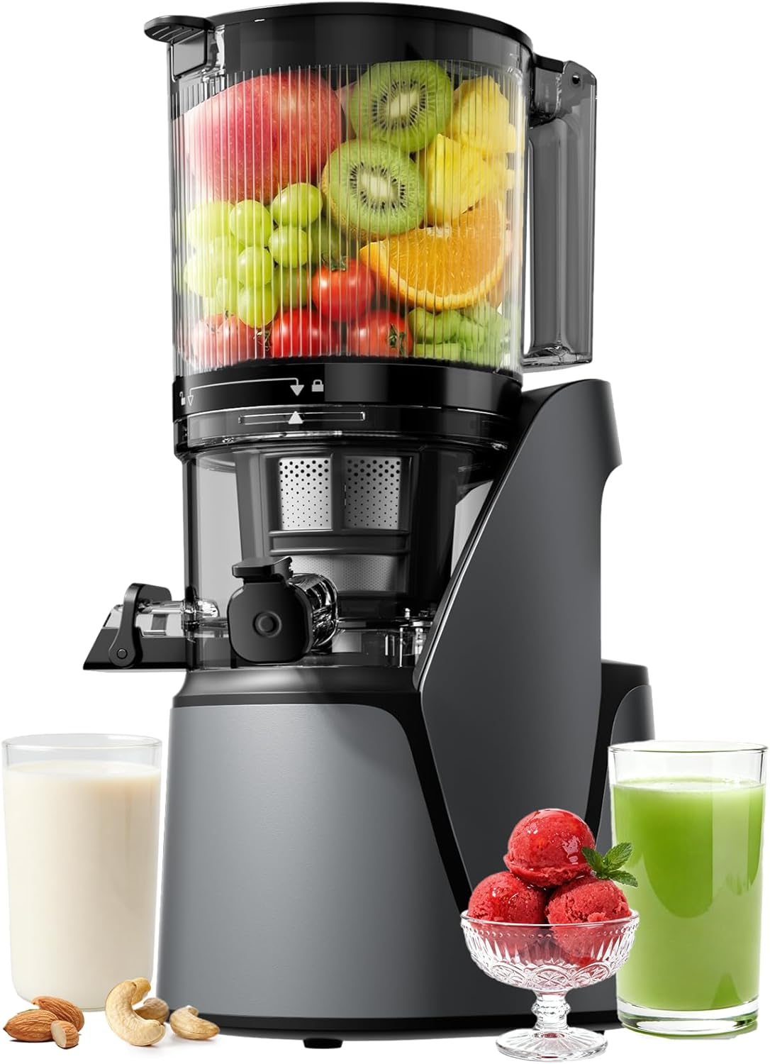 EanOruus Juicer Machines, 3-in-1 Cold Press Juicer with 6.5 Extra Large Chute, 100oz Large Capacity, AC Motor, Makes Juice, Nut Milk & Sorbet, Premium Gray