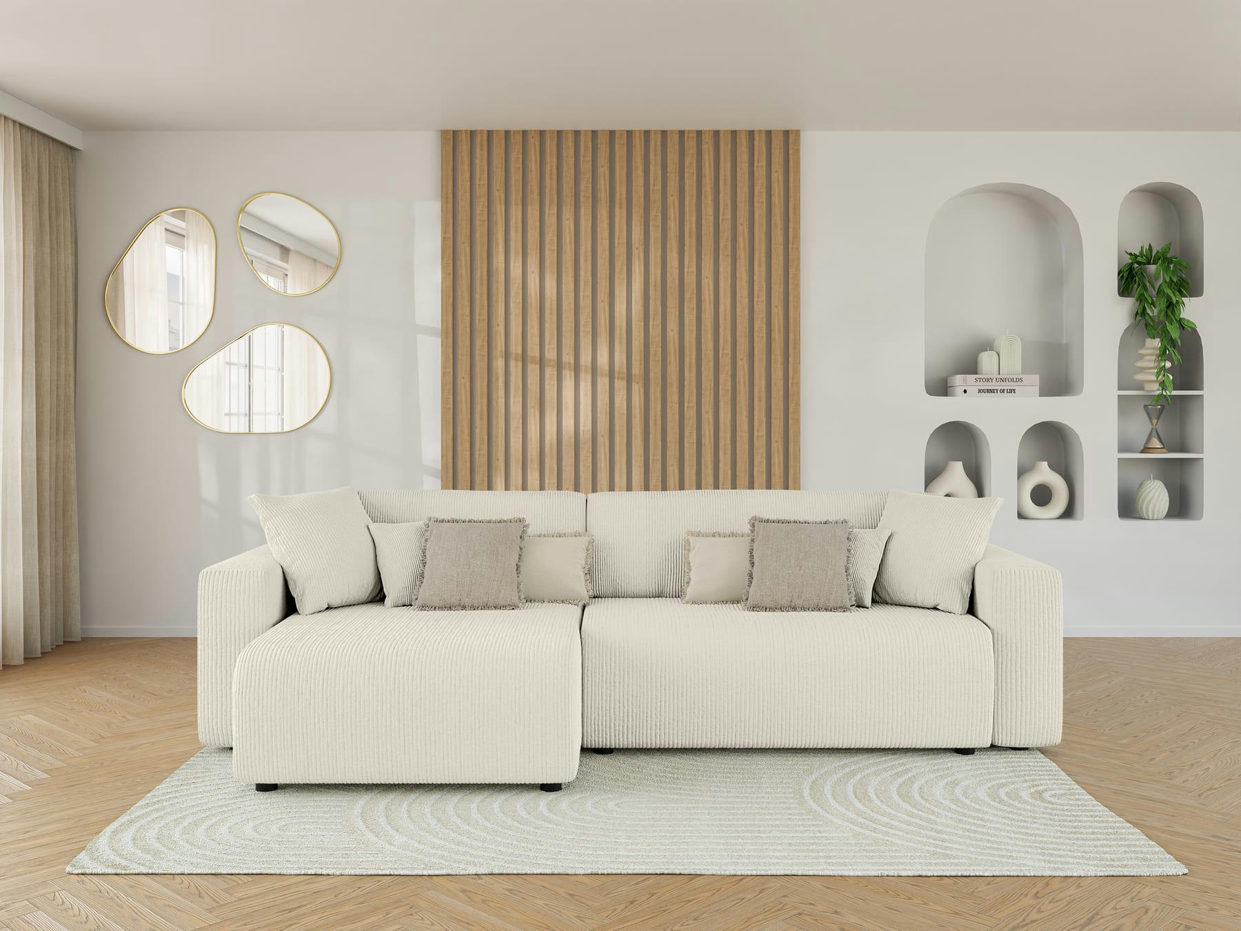 LEO - Canapé d'angle XL convertible en velours côtelé 5 places beige