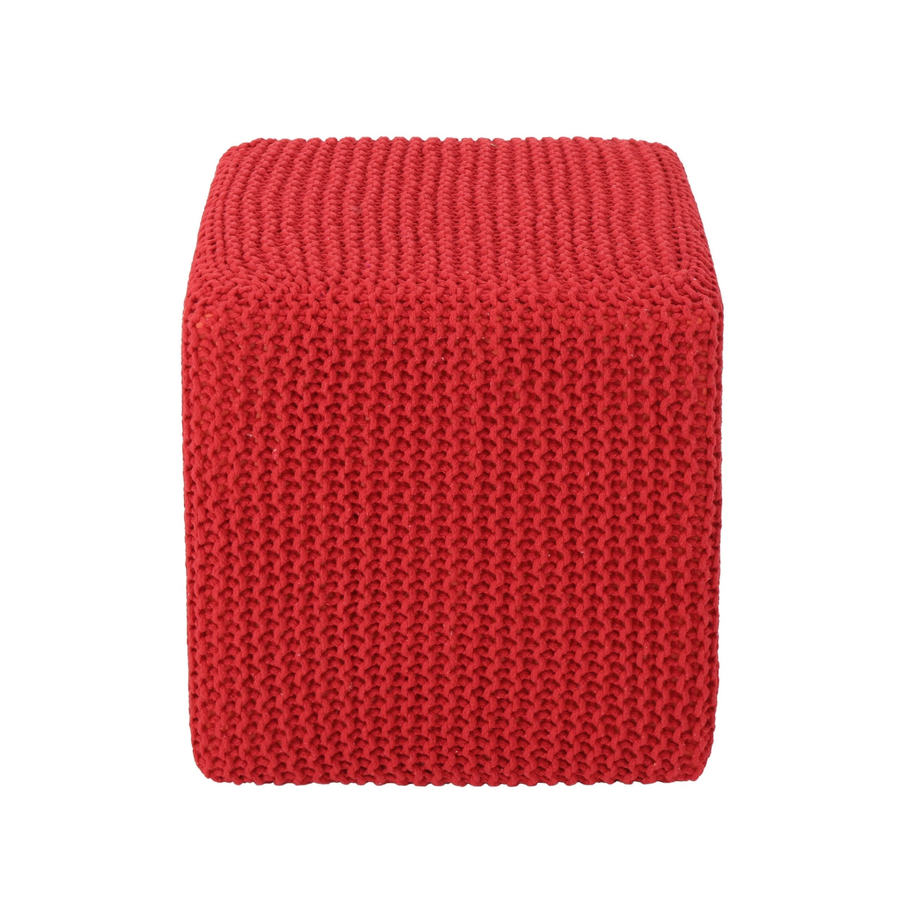 Square Footstool Ottoman, 17 Inch, Cozy Red Knitted Cotton Details