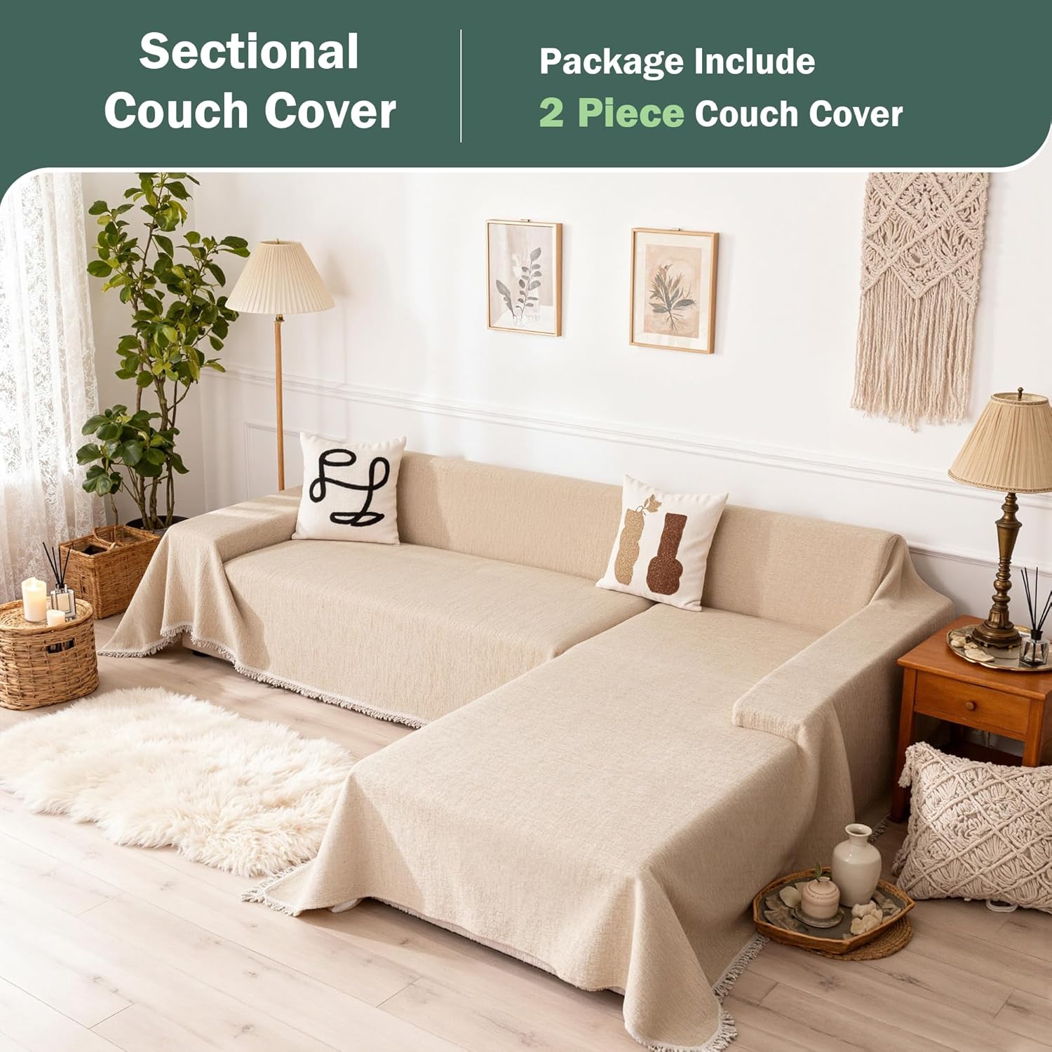 MEETSKY Sectional Couch Covers L Shape, 2 Pieces Chenille Washable Sofa Covers, Furniture Protector for Pets, Kids, Sofa Slipcover for 3-4 Cushion Couch (XX-Large, 71x118+91x134, Khaki)