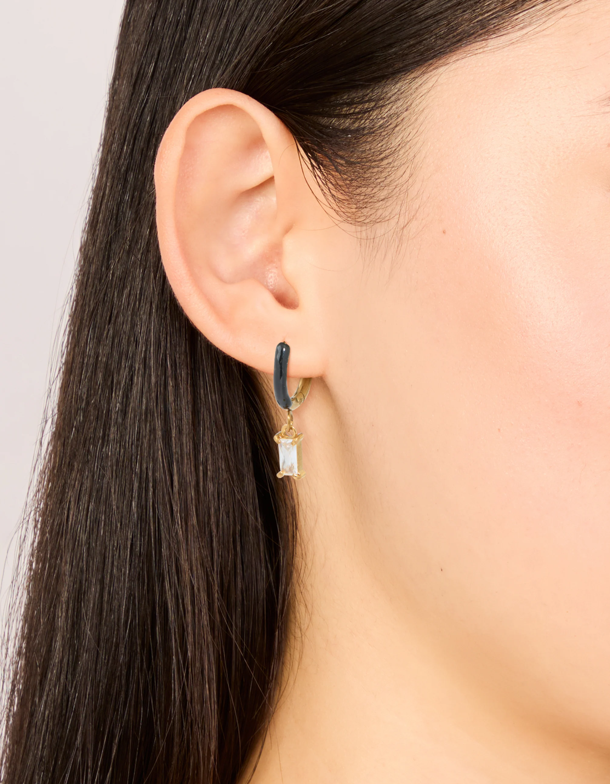 Waterproof Gold Plated Stainless Steel Black Enamel Cubic Zirconia Charm Huggie Earrings