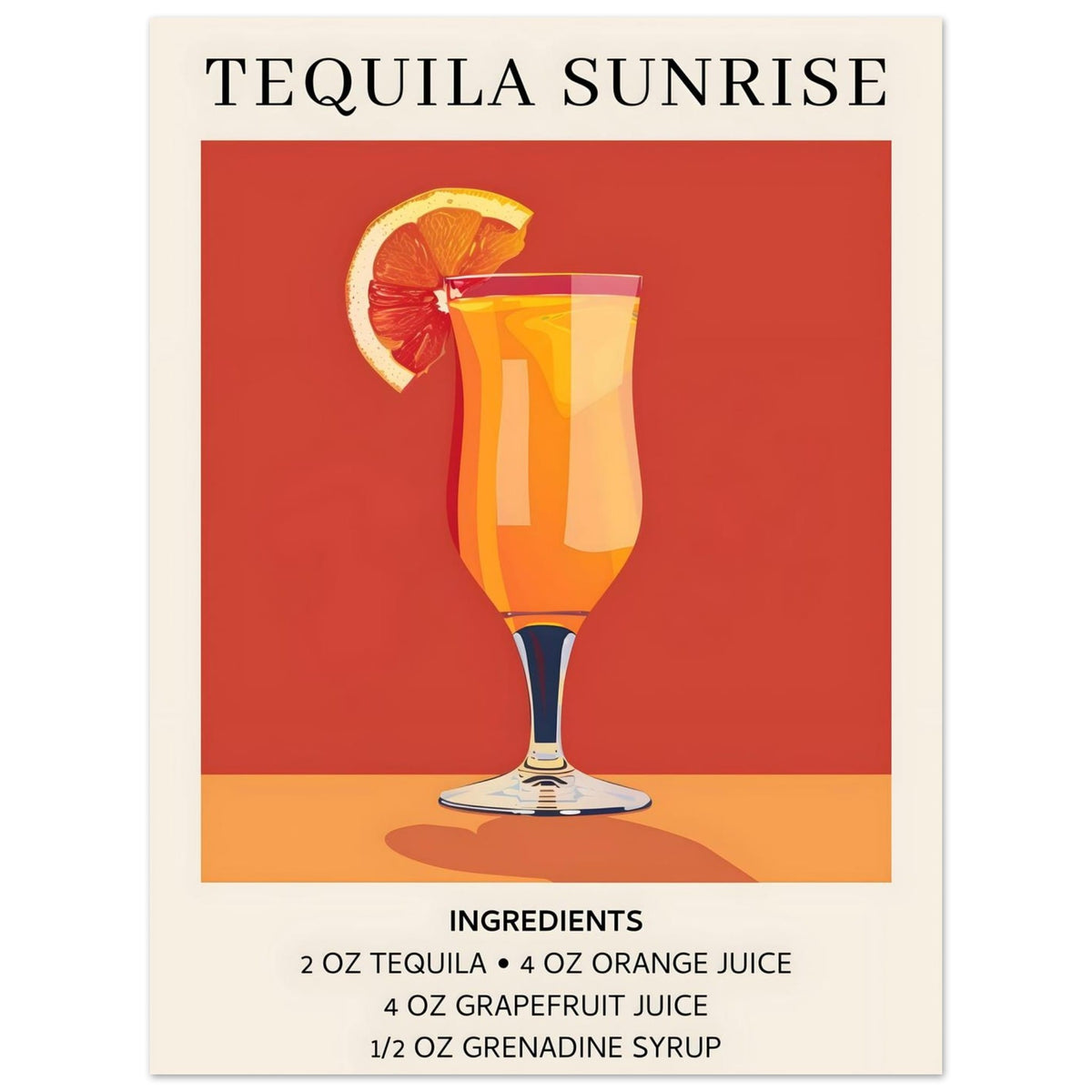 Artfulprints Poster Tequila Sunrise cocktail - Ingrediënten  - 30x40 cm - Oranje