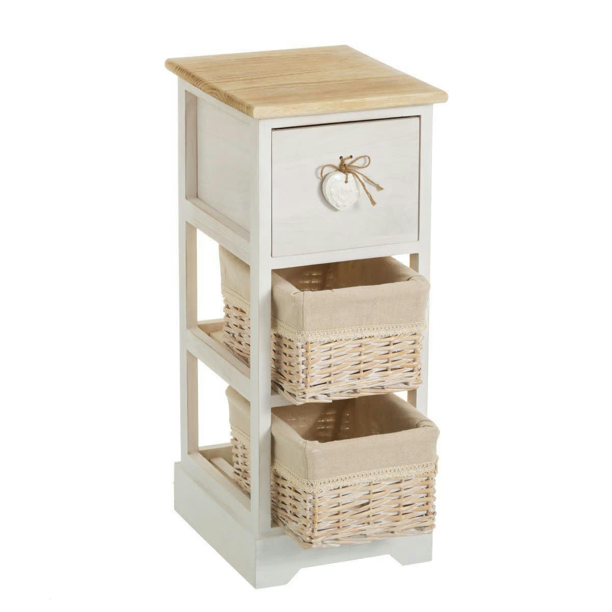 CHARME - Table de chevet étroite bois 1 tiroir + 2 paniers