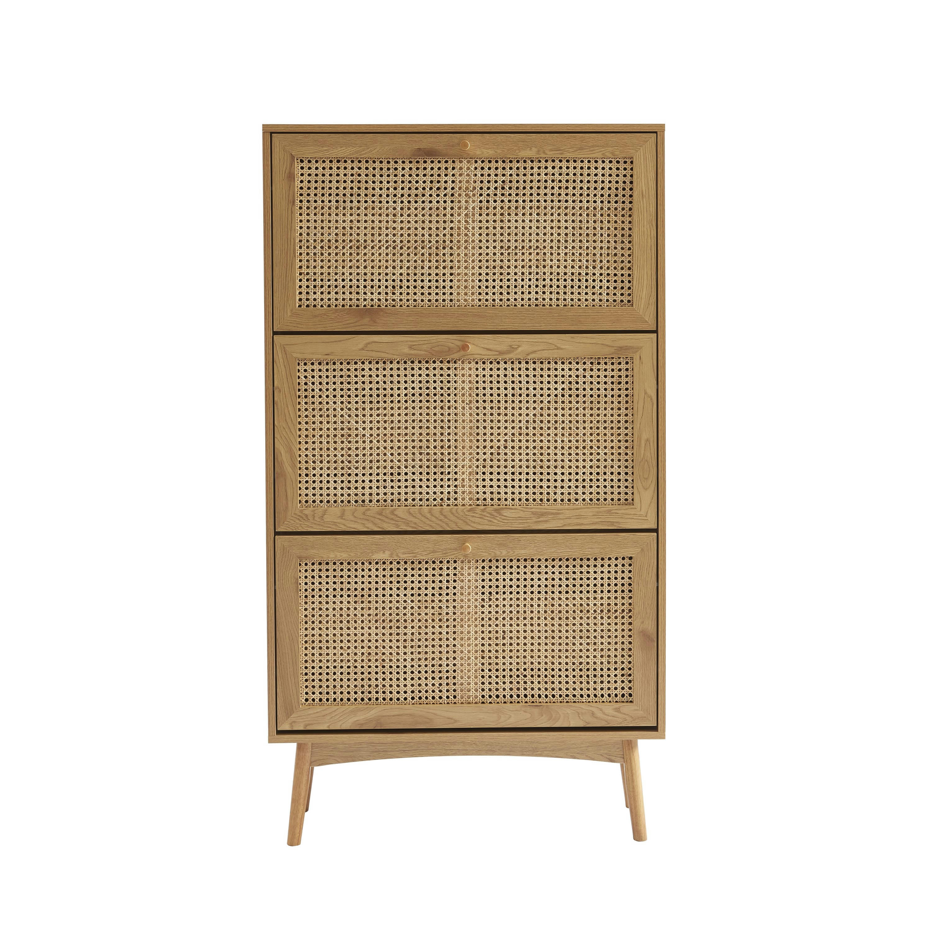 INES - Meuble à chaussures   effet chêne et cannage rotin