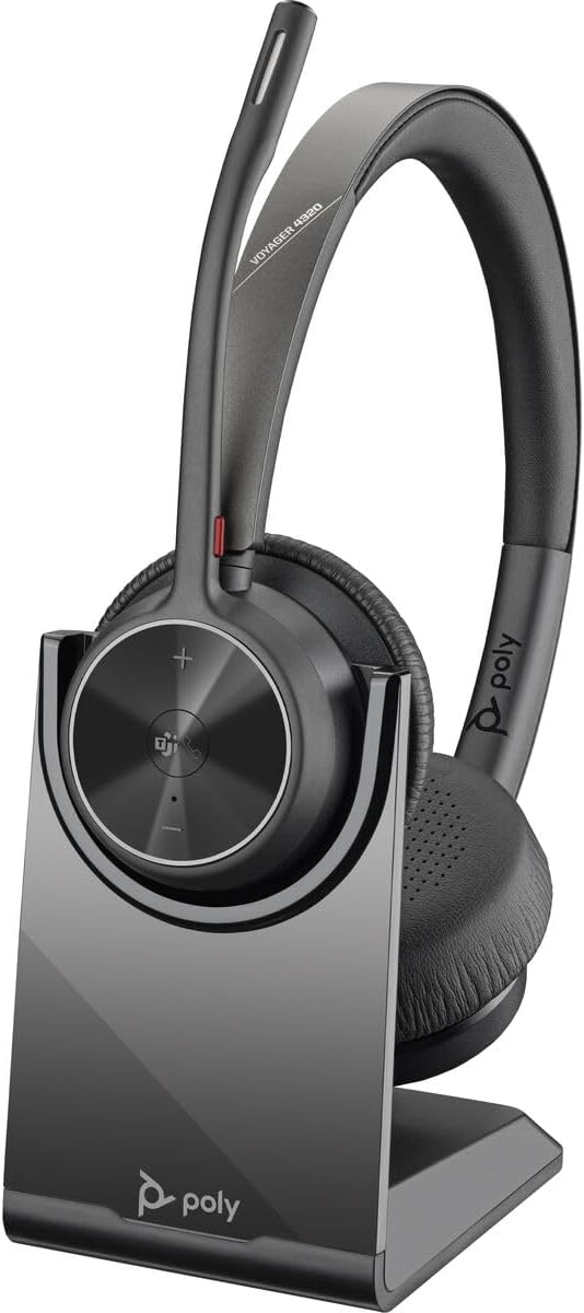 Poly - Voyager 4320 UC Wireless Headset + Charge Stand (Plantronics) - Headphones with Boom Mic - Connect to PC/Mac via USB-A Bluetooth Adapter, Cell Phone via Bluetooth - Works with Teams, Zoom &More