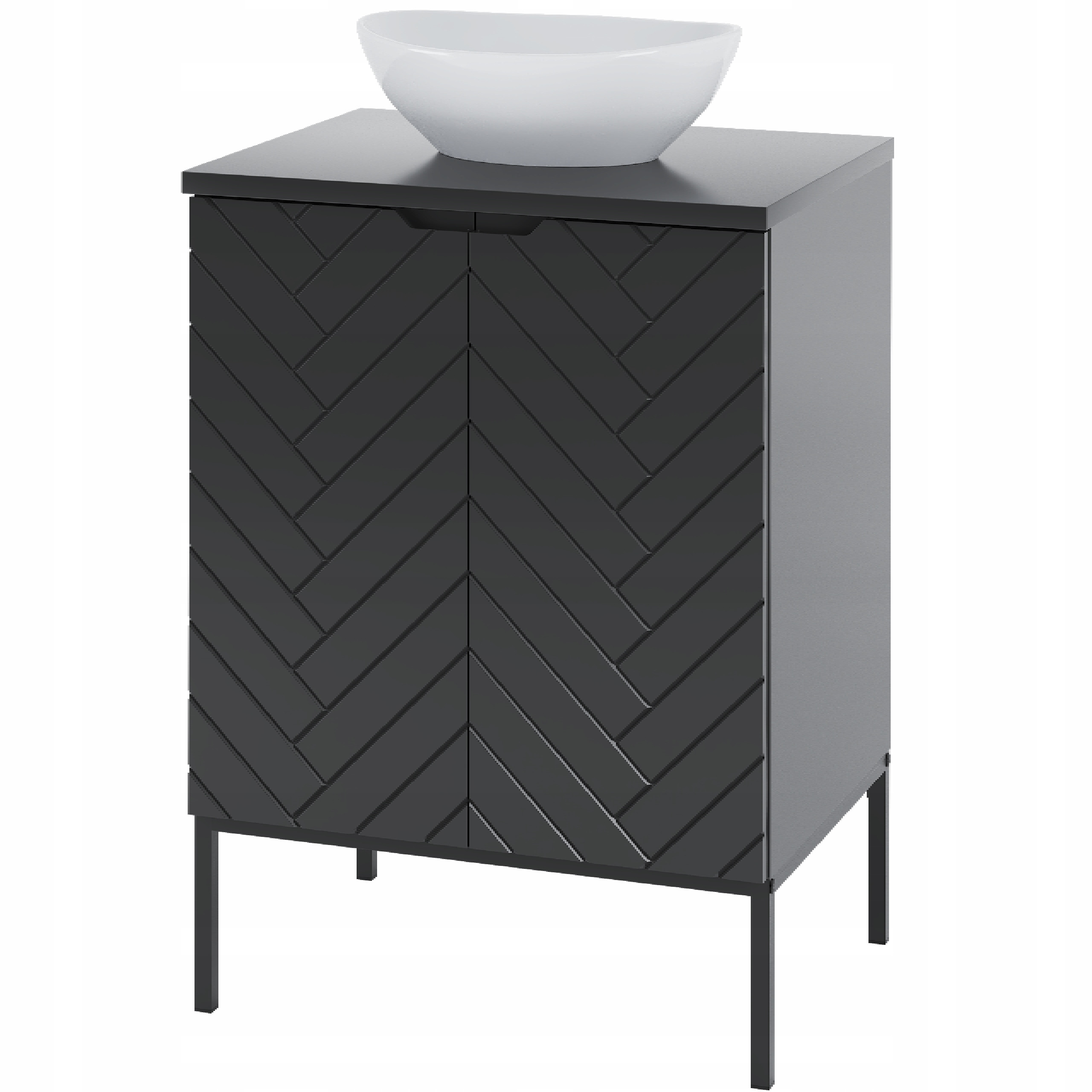 Czarna ryflowana szafka z umywalką i blatem 60 cm ASPEN-09-CM czarny stelaż