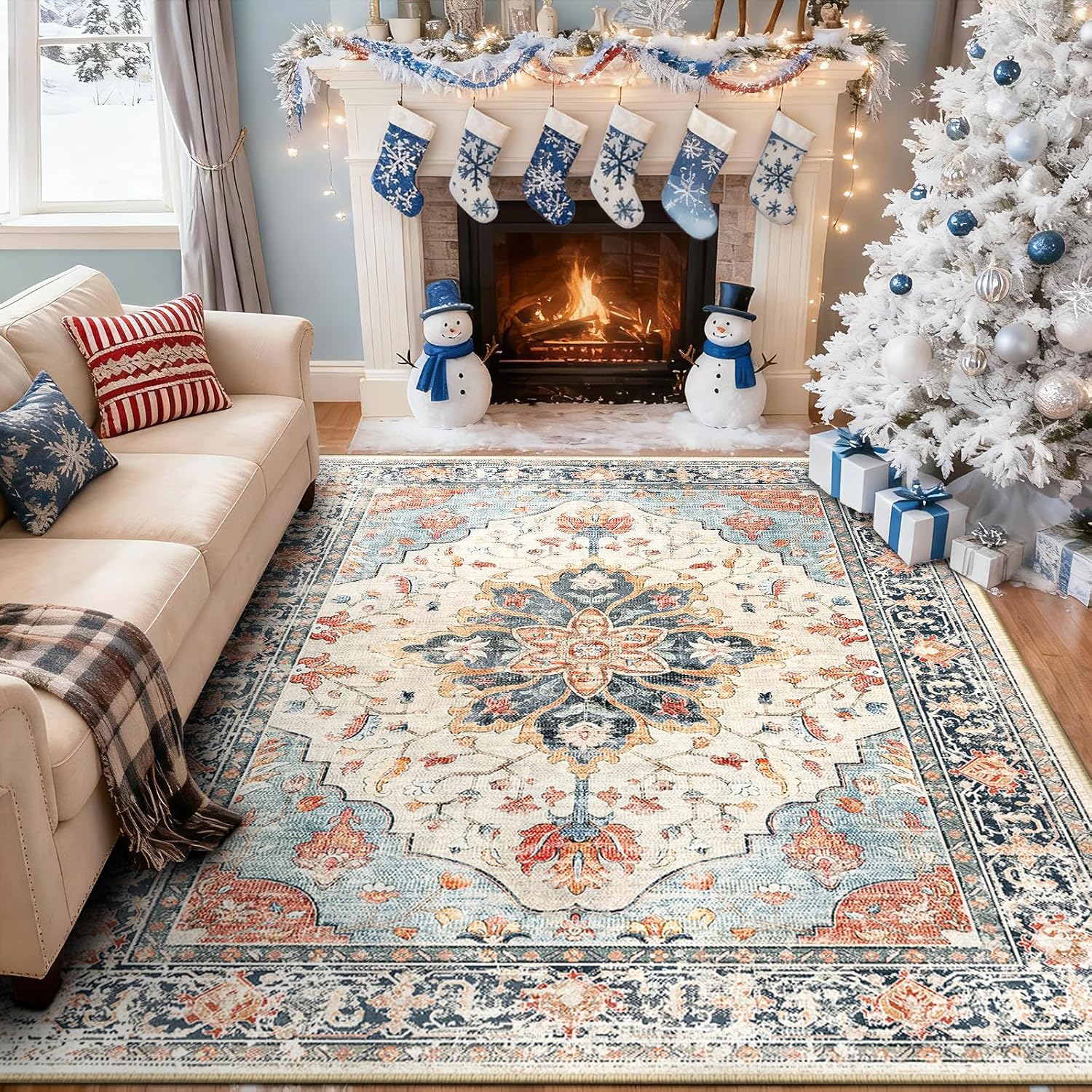 RELEANY Area Rugs 8'x10' Washable Non-Slip, Floral Vintage Distress Print Pattern Medallion Carpet for Living Room Bedroom Dining Room, Beige Navy Blue Orange Colorful