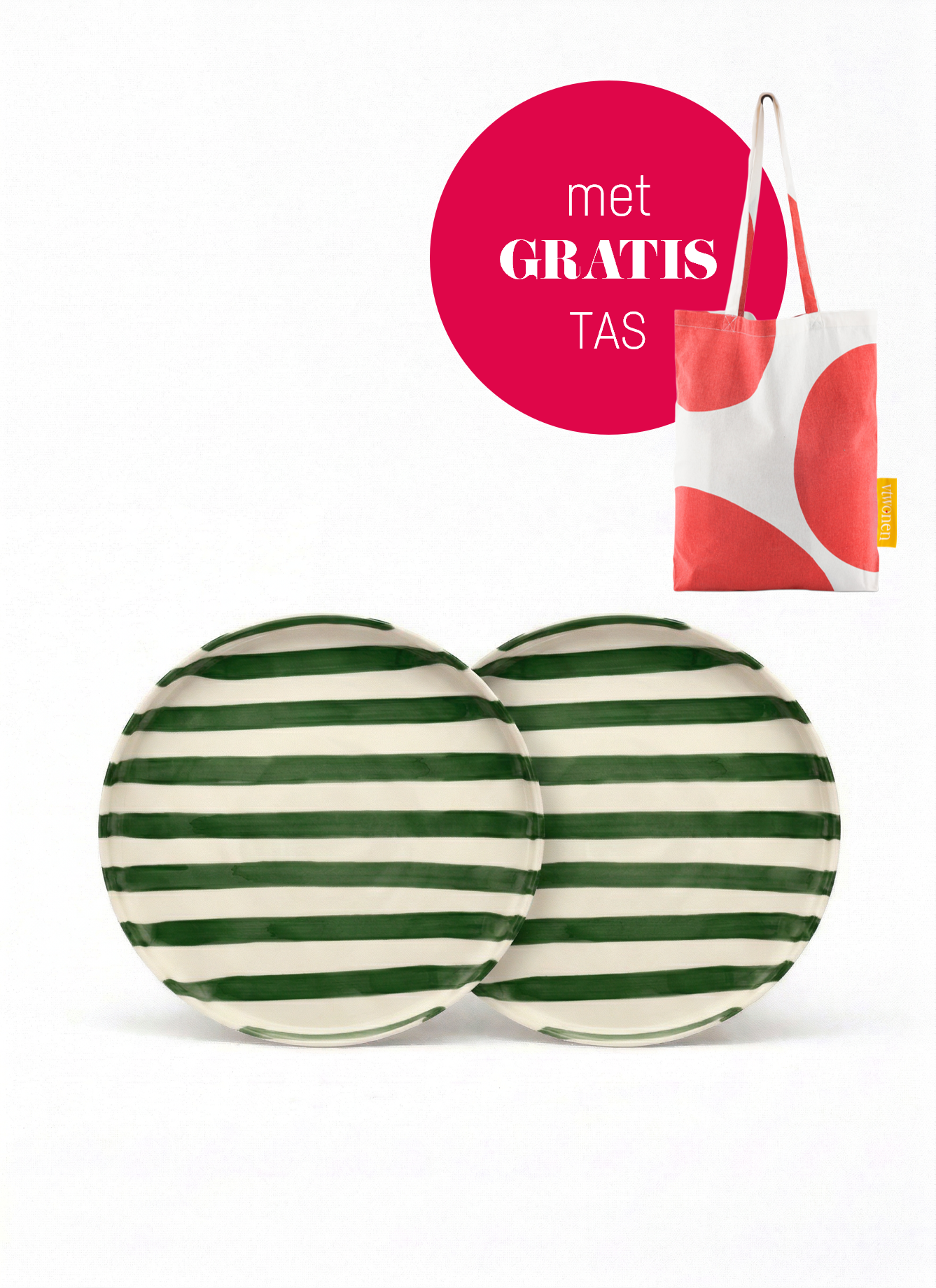 vtwonen - Lunchbord - Strepen - Groen - Set van 2 - Keramiek - 20cm