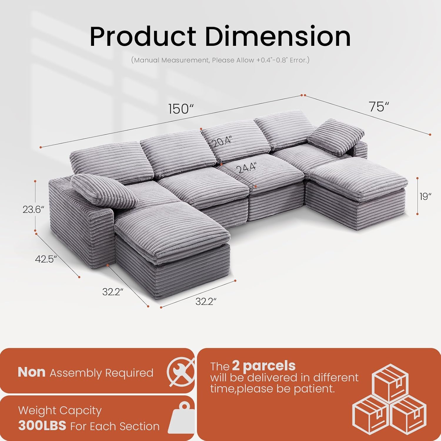 KKL 150 U Shaped Sectional Modular Boneless Sofa, 6 Seater Cloud Couch with Ottoman, Corduroy Sectional Couches for Living Room Bedroom, Grey