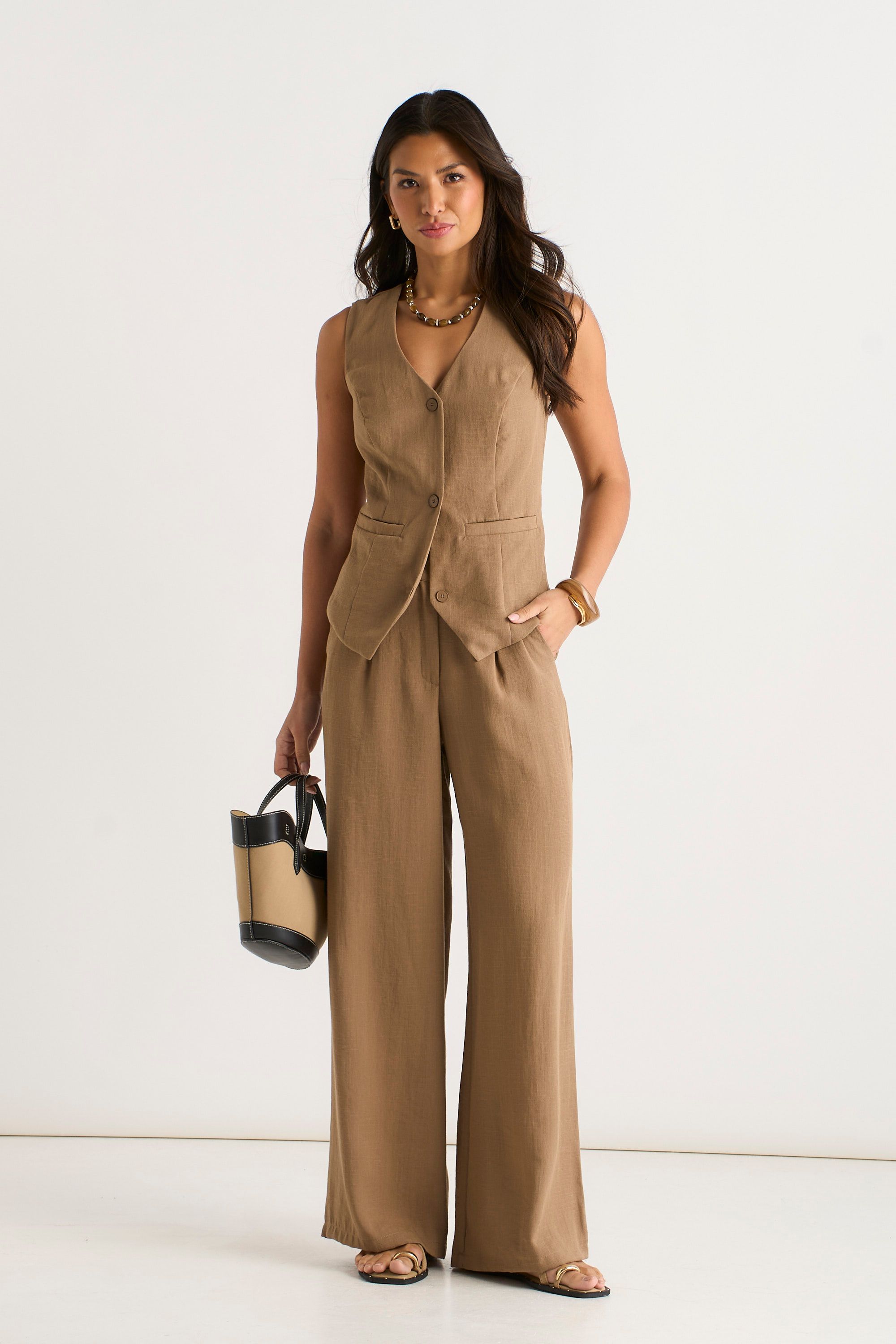 Gini London Camel Button Through Tailored Waistcoat