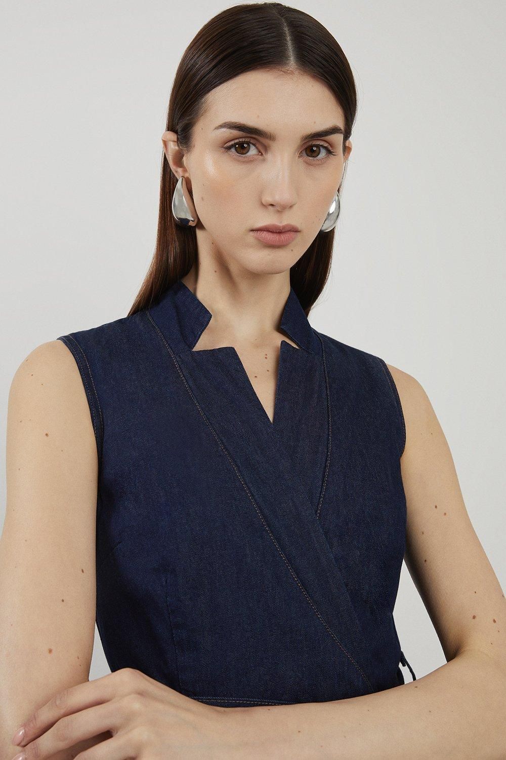KarenMillen Denim Tailored Notch Neck Belted Fluid Midi Dress