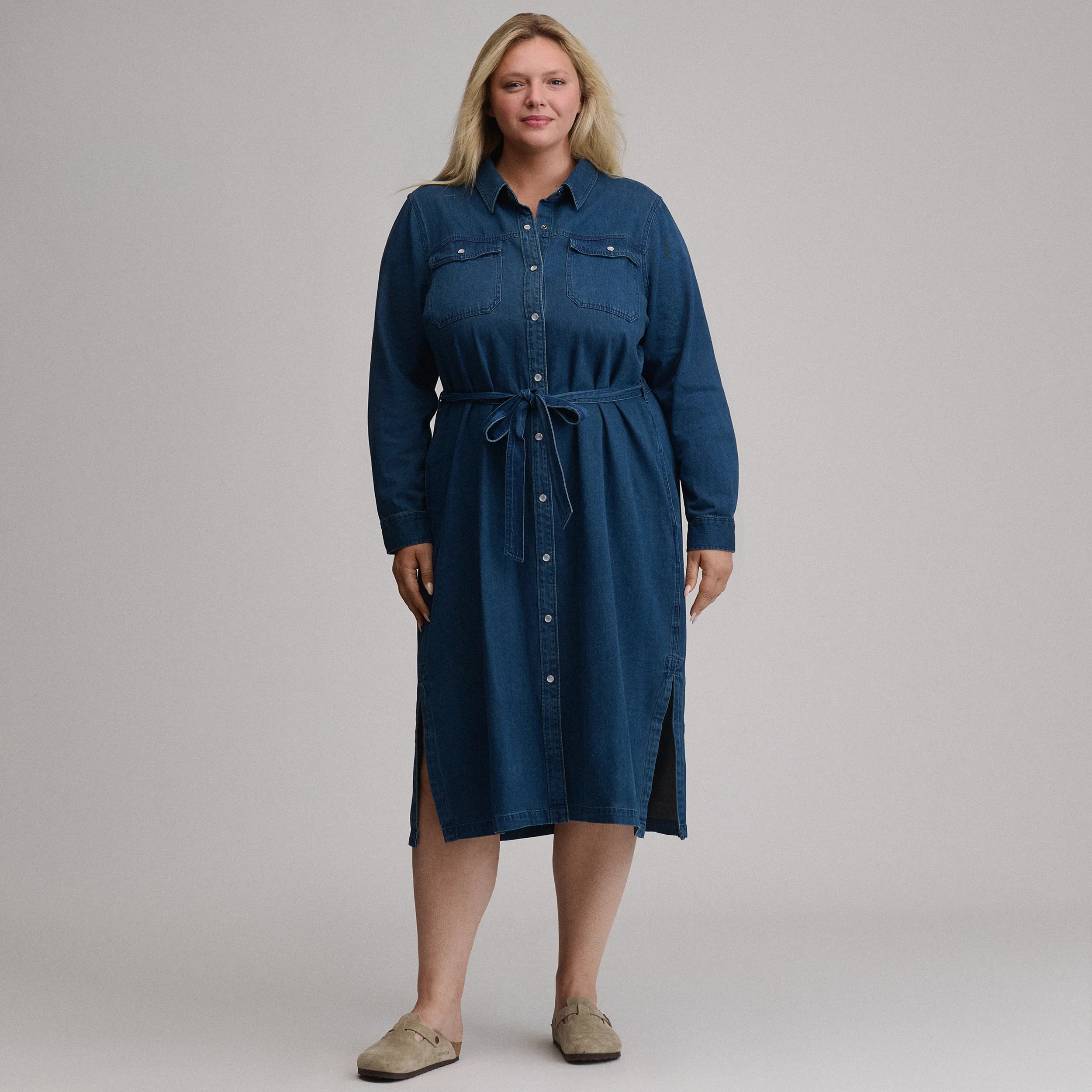 Women's Long-Sleeve Denim Button Front Belted Midi Dress