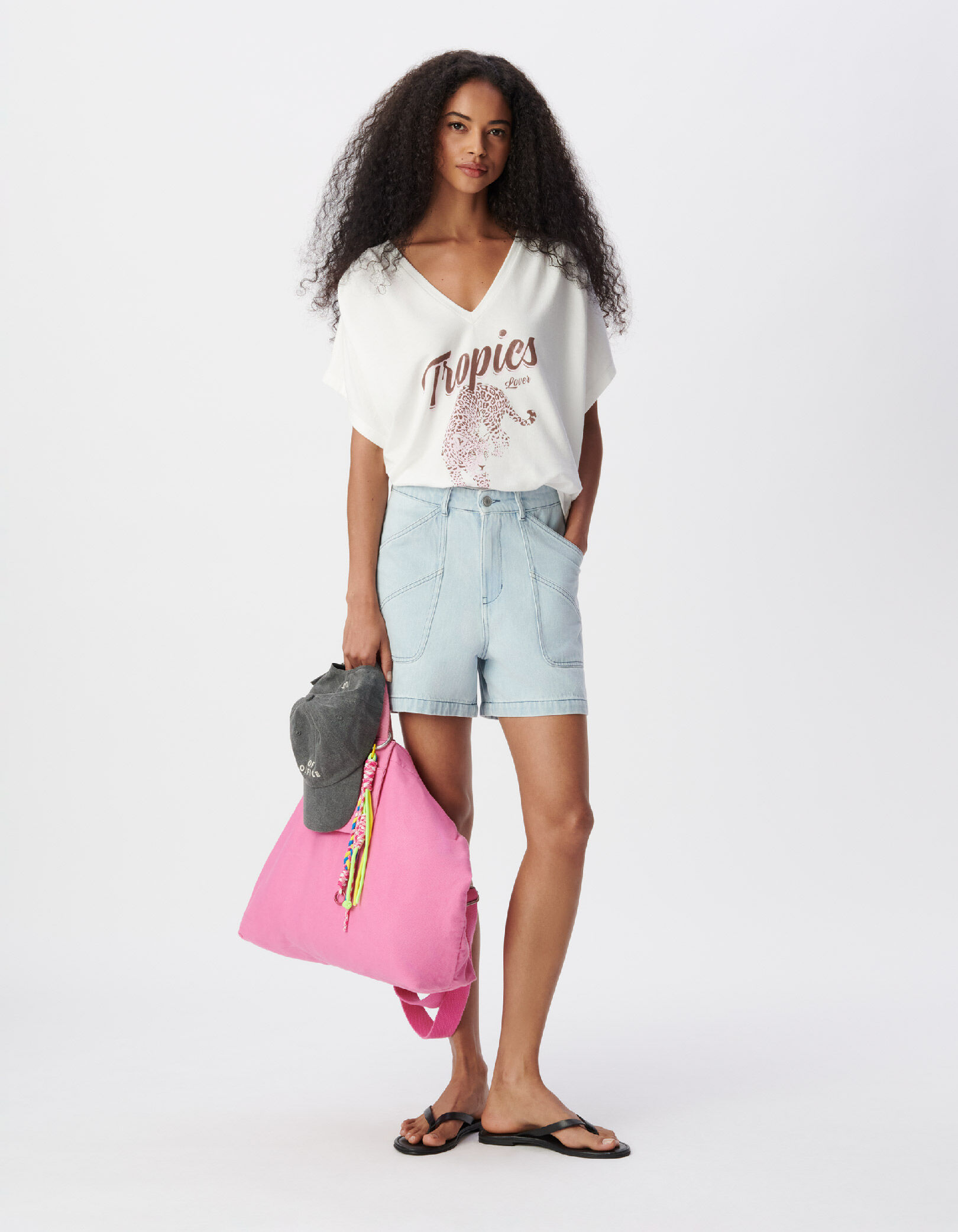 Tee-shirt col V blanc visuel léopard Femme