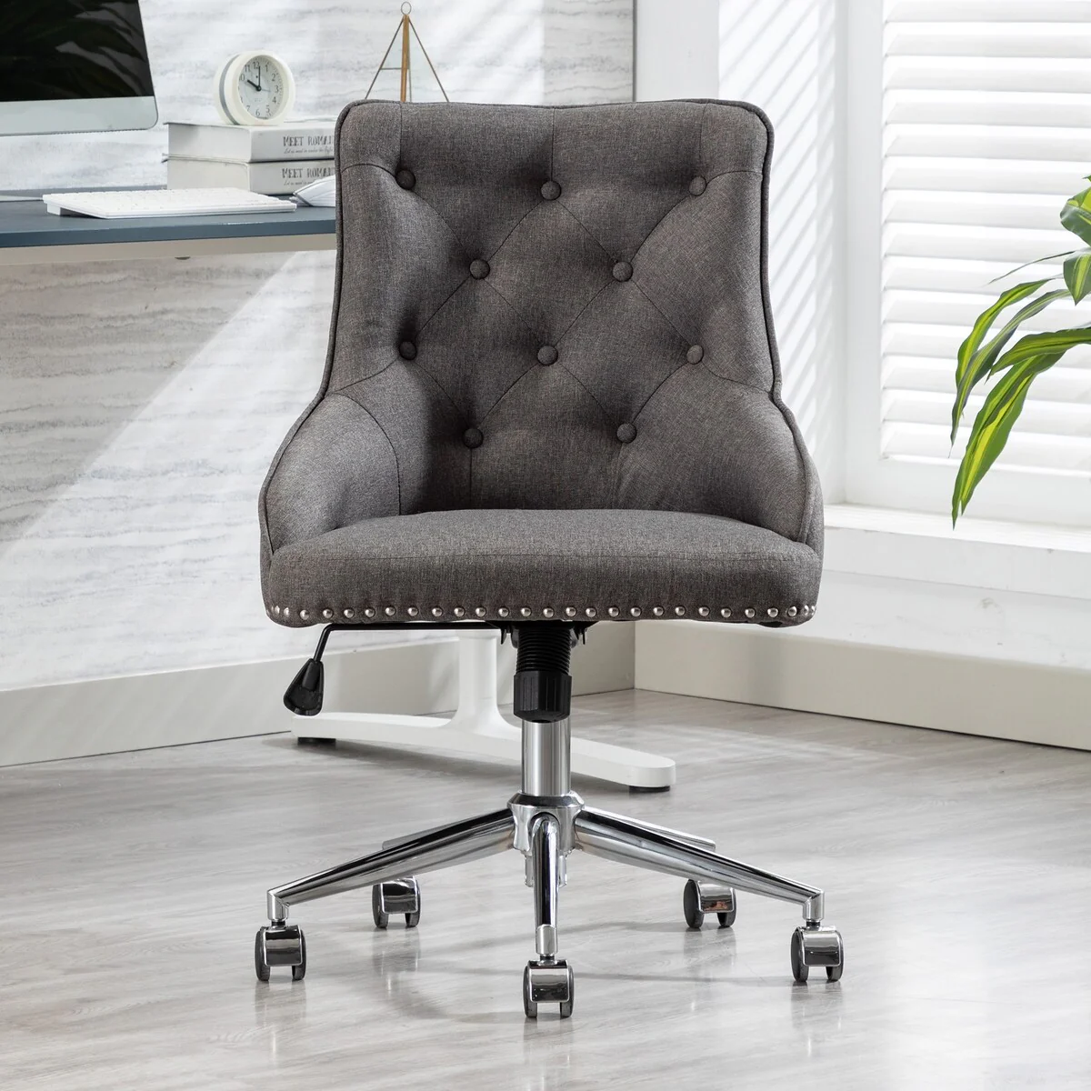 Modern Fabric Computer Chair Swivel Height Adjustable Accent Chair with Wheels and Metal Base
