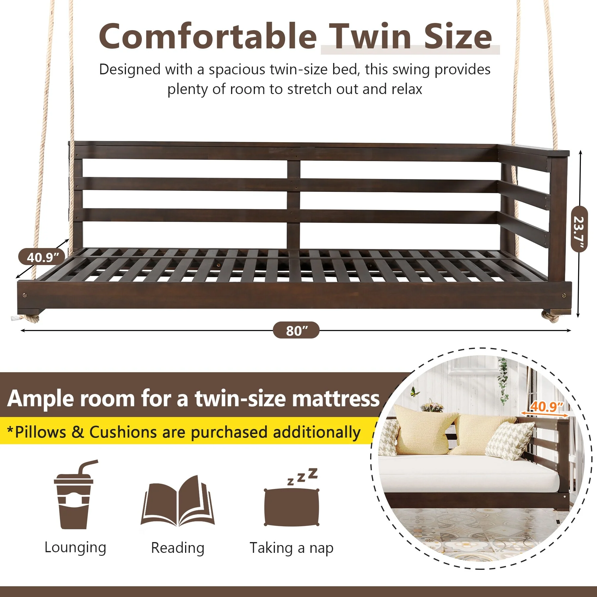 Country Patio Wooden Twin Size Swing Daybed Porch Swing Frame with 4pcs 96-inch Hemp Ropes for Backyard