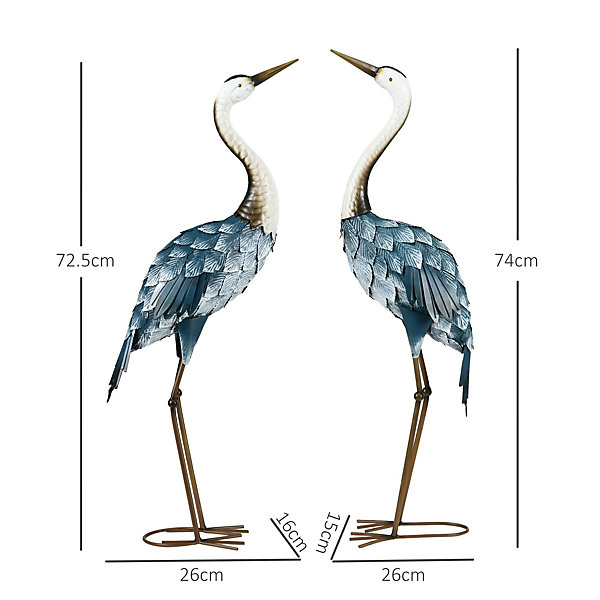 Lot de 2 statues de Jardin Sculpture de la Grue décoration extérieure en Acier Terrasse Balcon Cour pelouse 72 a 74 cm neuves