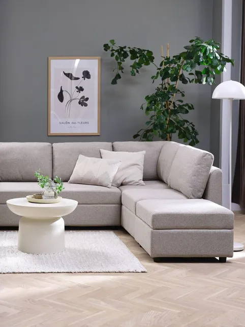 Modulsofa OKSBY 5-pers. open-end m/opbevar. sandfarvet stof