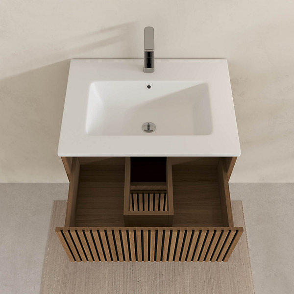 Meuble Salle de Bains YUKI 60 2 Tiroirs Décor Chêne et Noir - Vasque Blanche - Miroir Ovale 50x80