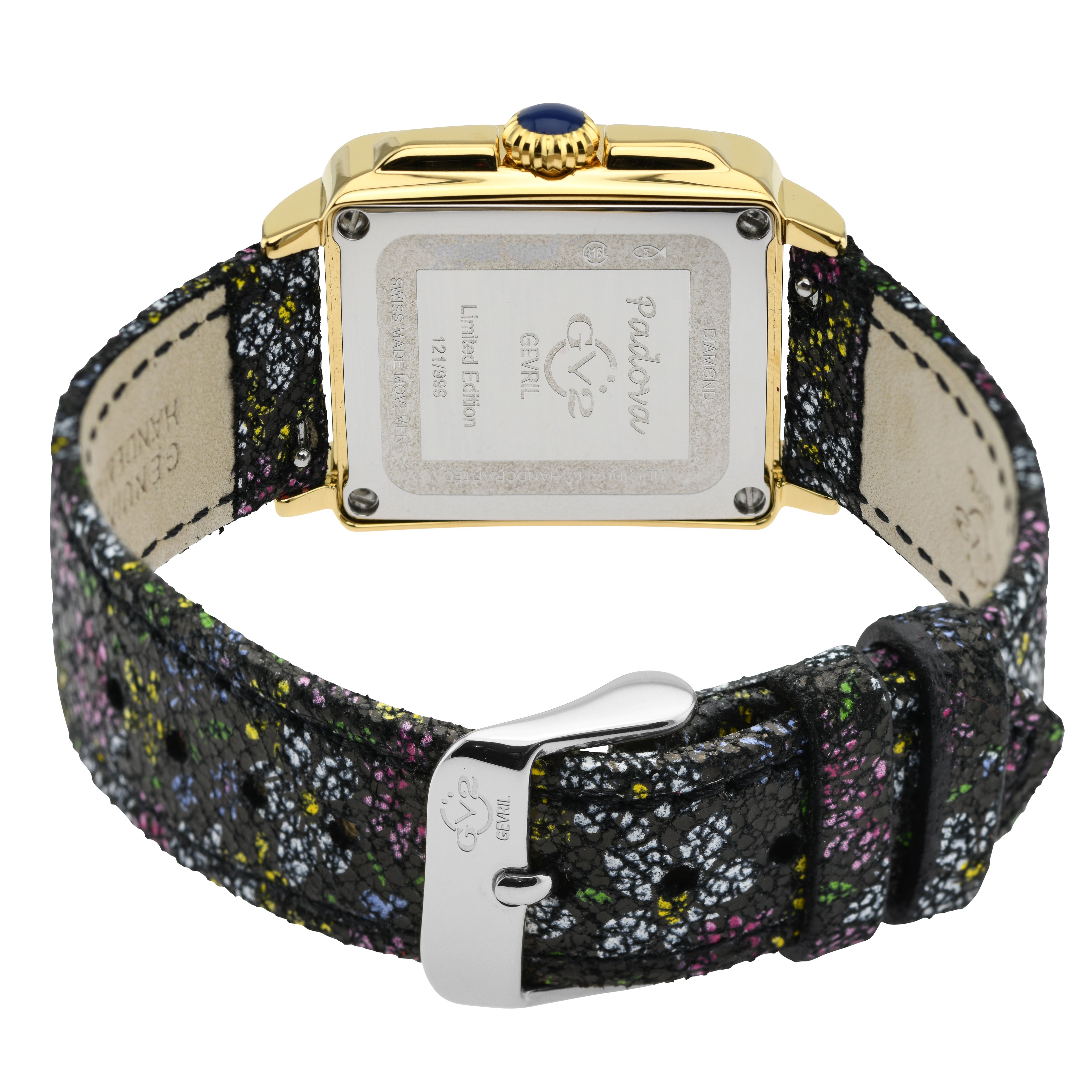 GV2 Padova Gemstone Floral, Swiss Quartz Watch, Black MOP Dial, Hand made Italian leather, and Sapphire Crystal