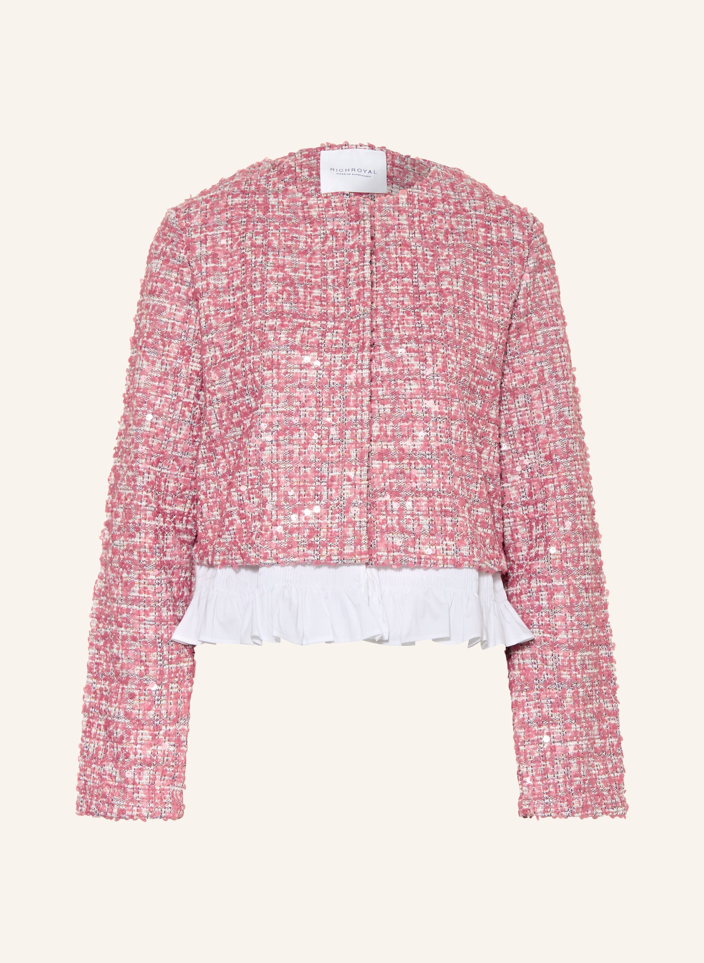 Rich & Royal Kastenjacke aus Tweed mit Pailletten und Rüschen