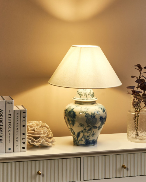 Lampa stołowa porcelanowa biała z niebieskim